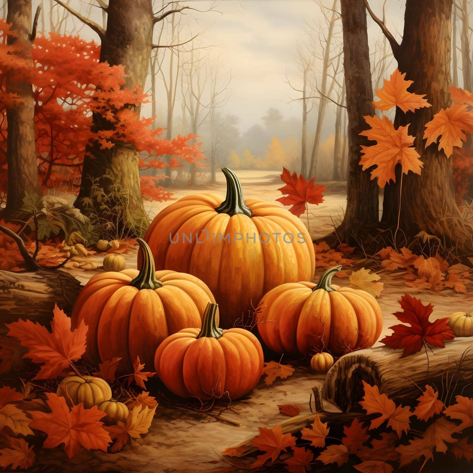 Illustration of an autumn forest in the middle of it pumpkins and leaves. Pumpkin as a dish of thanksgiving for the harvest. by ThemesS