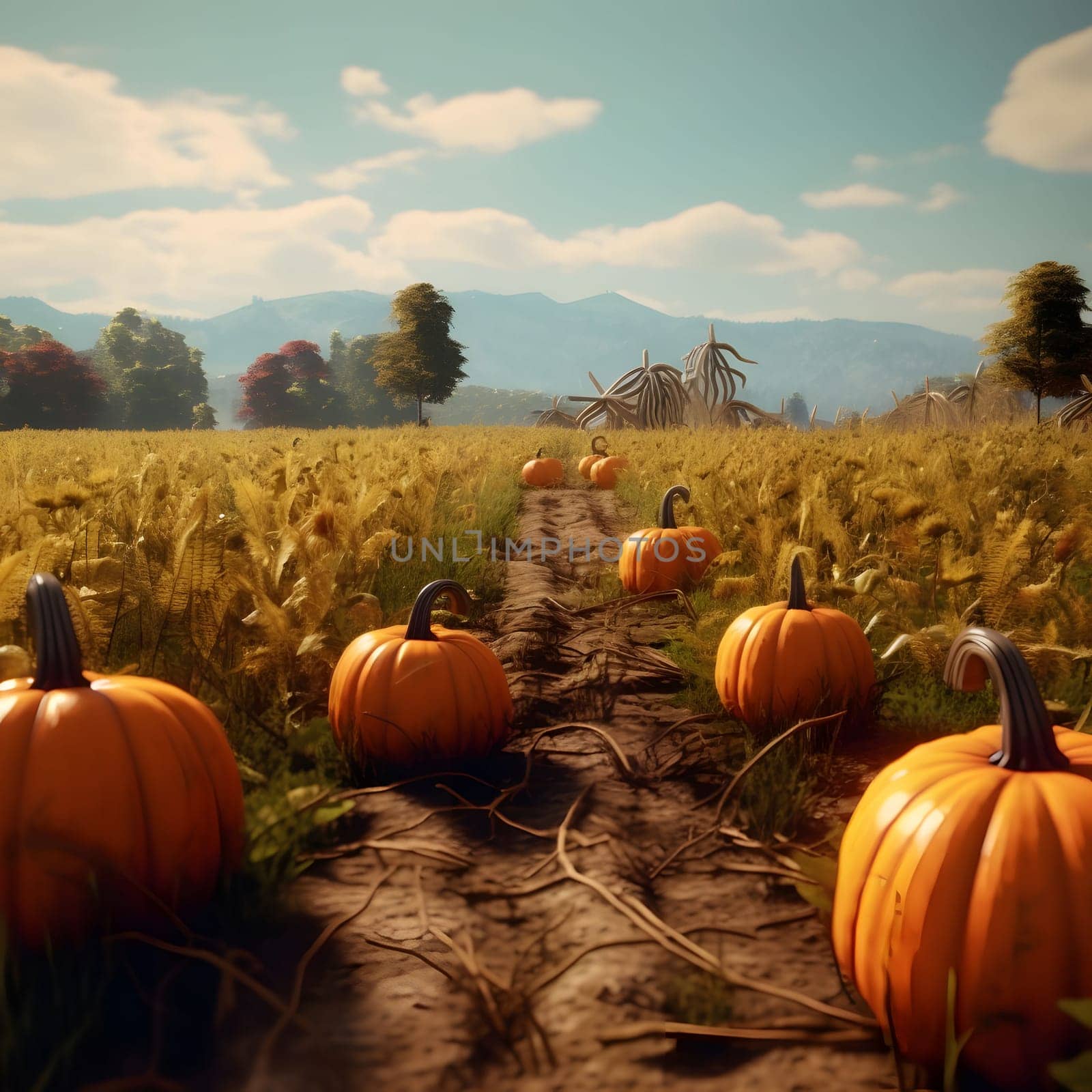 Photo of a field, with pumpkins scattered around. Pumpkin as a dish of thanksgiving for the harvest. An atmosphere of joy and celebration.