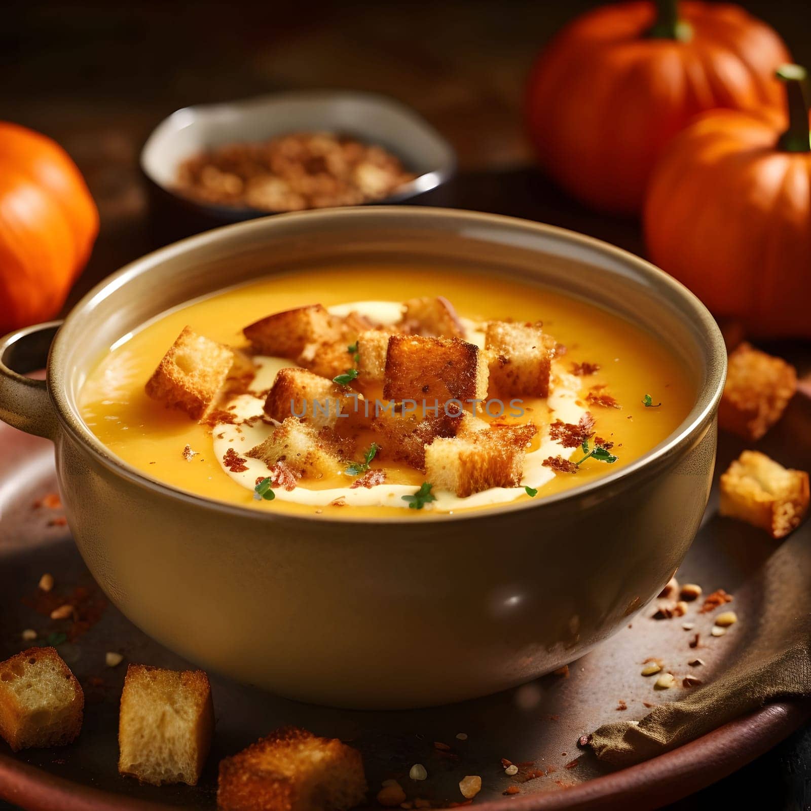 Bowl with pumpkin soup and bagels, smudged background. Pumpkin as a dish of thanksgiving for the harvest. An atmosphere of joy and celebration.