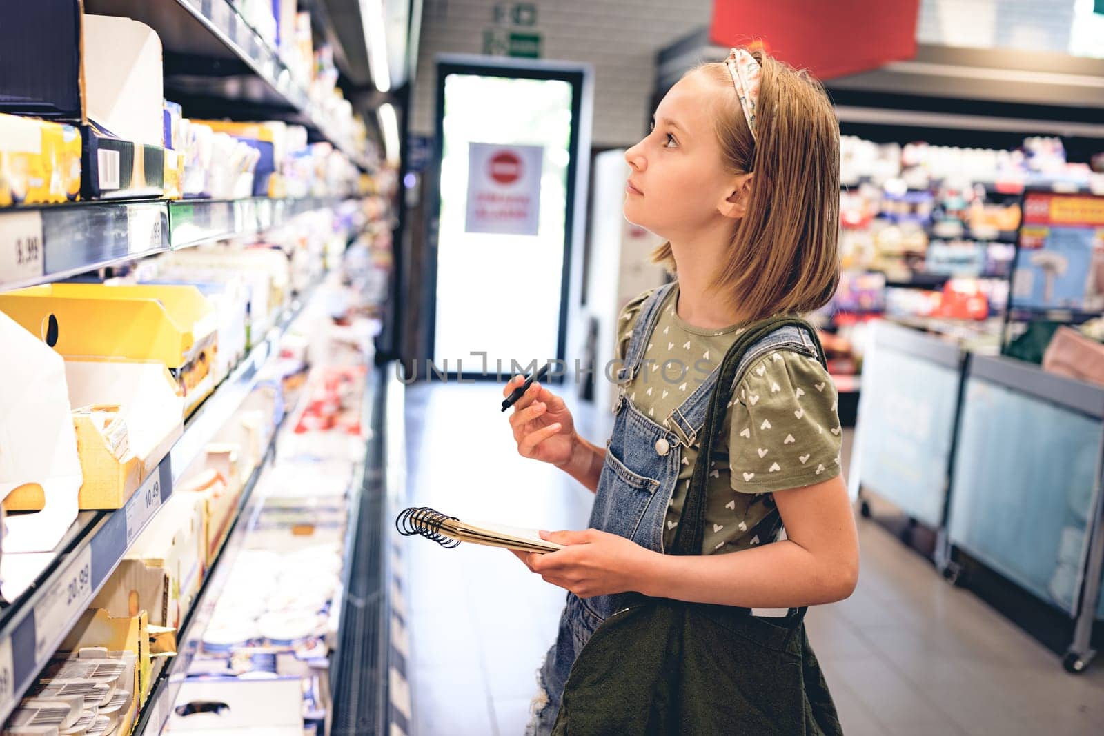 Pretty girl child buying with shopping list in supermarket and looking productson shelf. Beautiful female preteen kid in grocery store