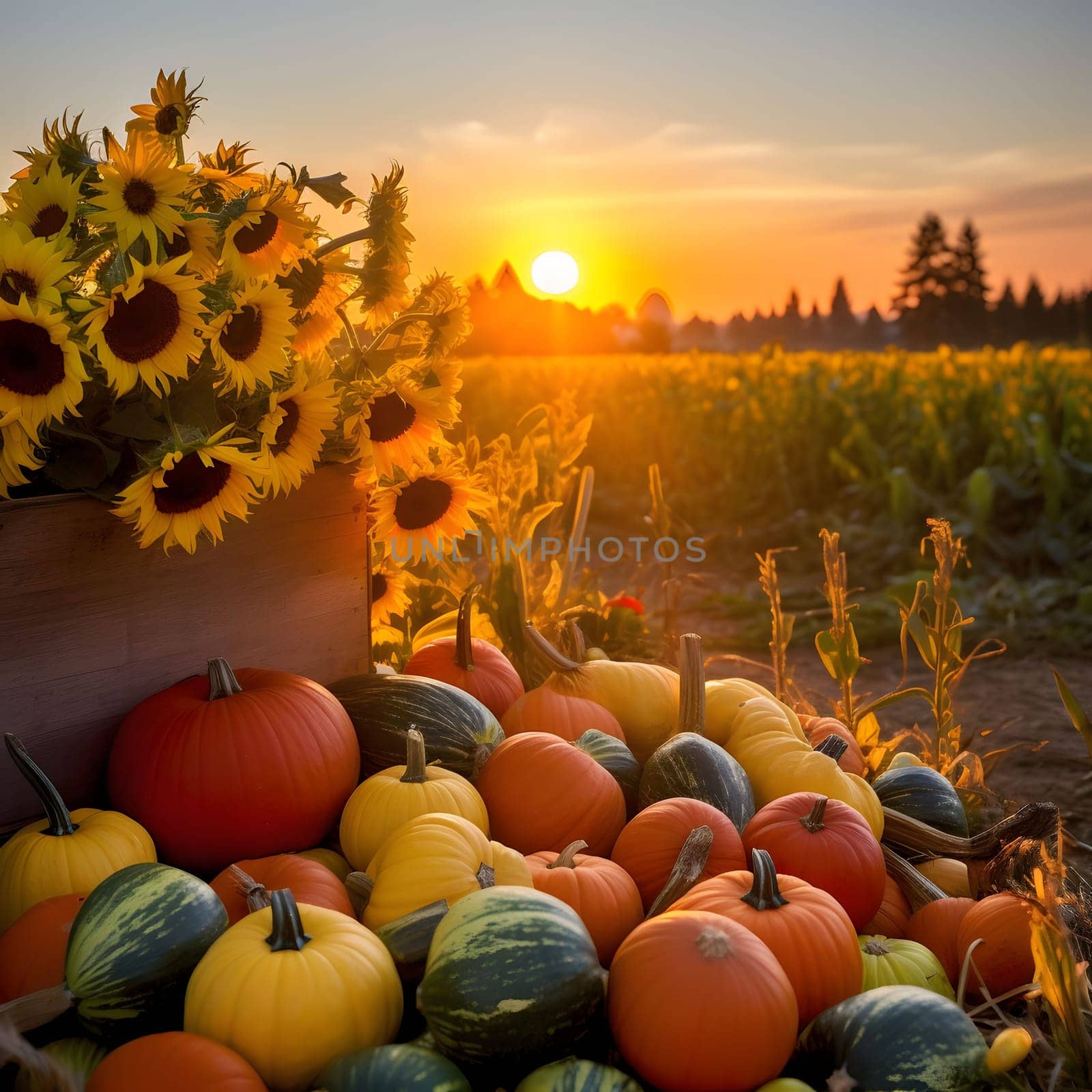 Sunset over the field in the foreground sunflowers and harvested colorful pumpkins. Pumpkin as a dish of thanksgiving for the harvest. An atmosphere of joy and celebration.