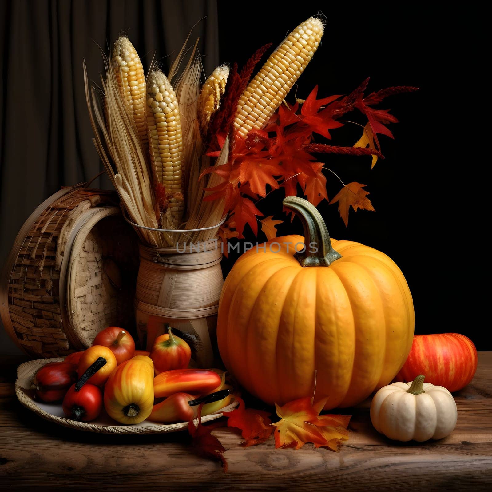 Elegantly arranged crops from the field, pumpkins and corn on a dark wooden background. Pumpkin as a dish of thanksgiving for the harvest. by ThemesS