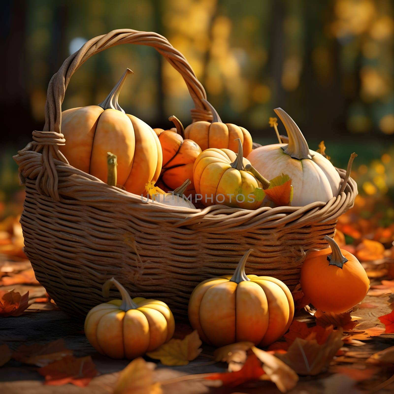 Wicker basket full of pumpkins, around leaves, autumn, smudged background of trees. Pumpkin as a dish of thanksgiving for the harvest. An atmosphere of joy and celebration.