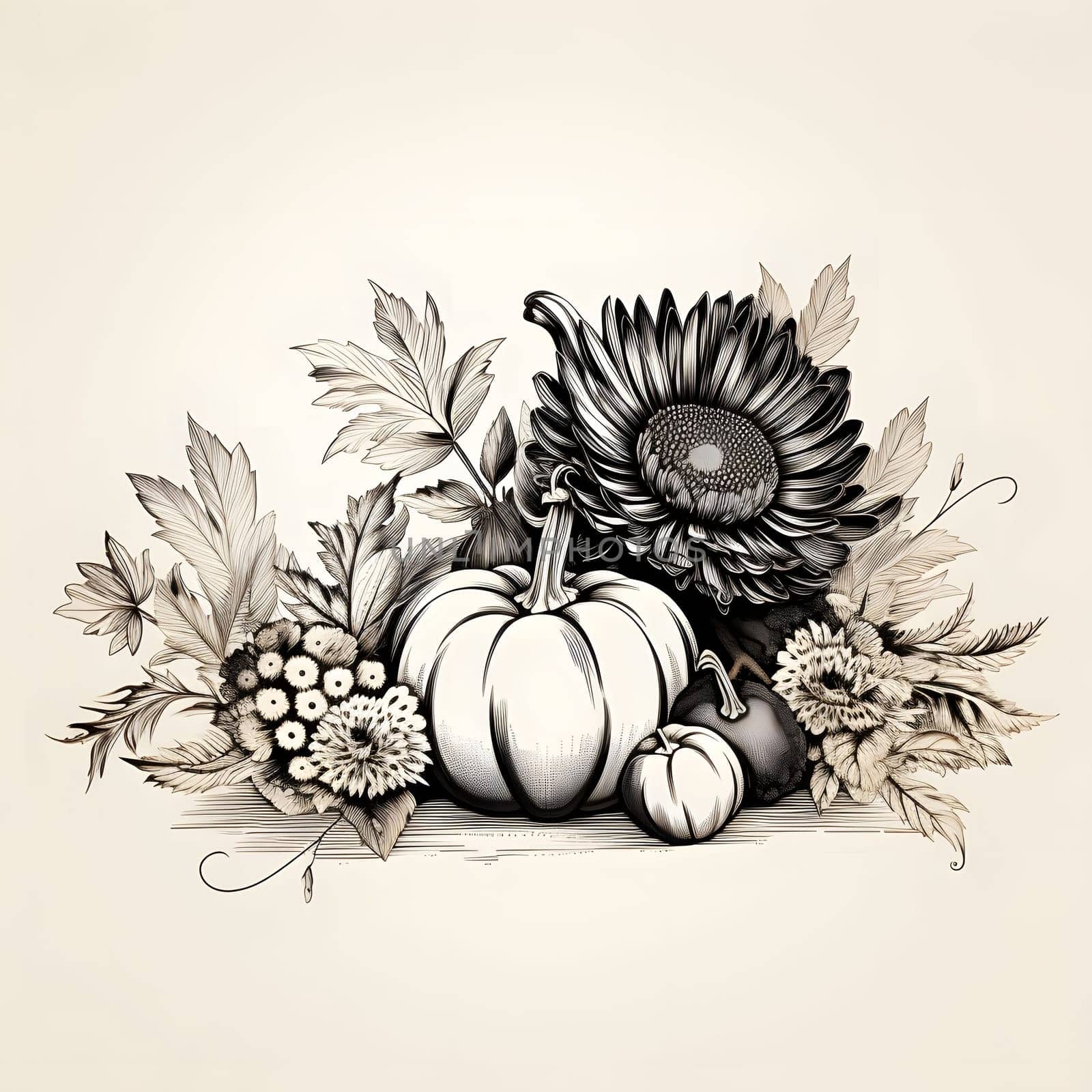 Black and white; pumpkins flowers leaves uniform isolated background. Pumpkin as a dish of thanksgiving for the harvest. by ThemesS