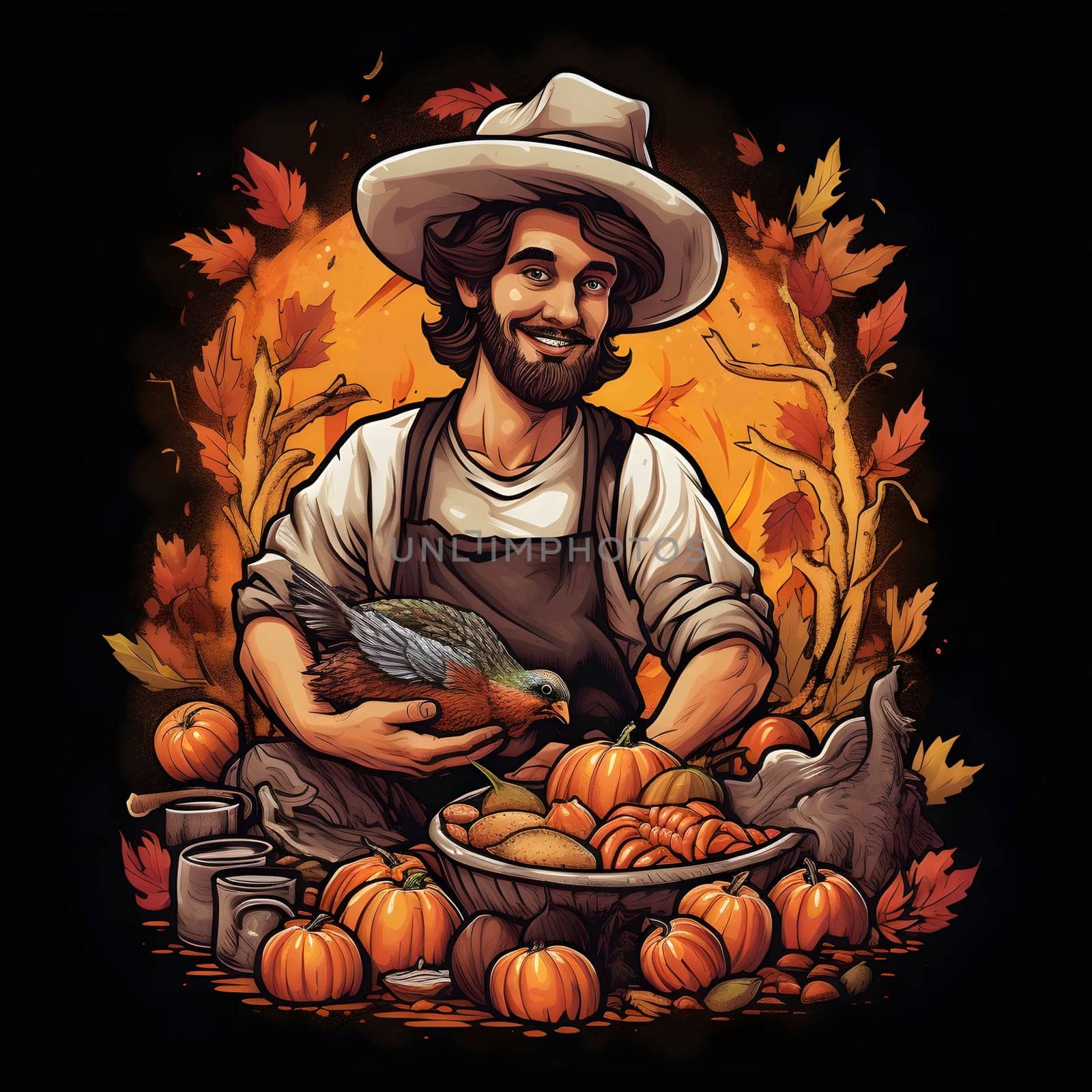 Illustration of happy farmer with turkey, pumpkins, leaves on black isolated background. Pumpkin as a dish of thanksgiving for the harvest. by ThemesS