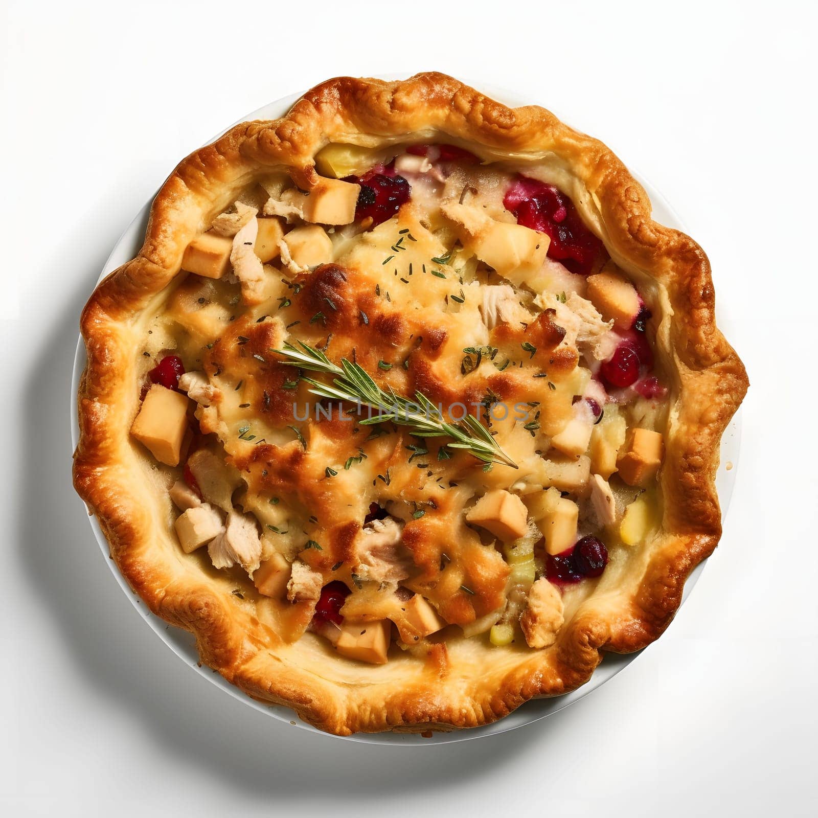 Top view of pumpkin and meat spiced pizza Pumpkin as a dish of thanksgiving for the harvest, picture on a white isolated background. Atmosphere of joy and celebration.