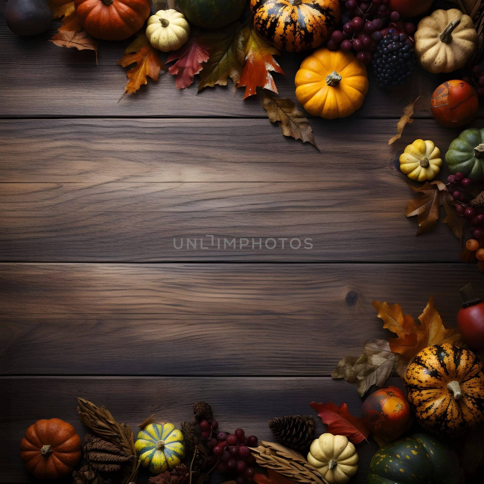 Autumn Leaves, Rowan and Pumpkins, top view., banner with space for your own content. Dark colors. Blank space for caption.