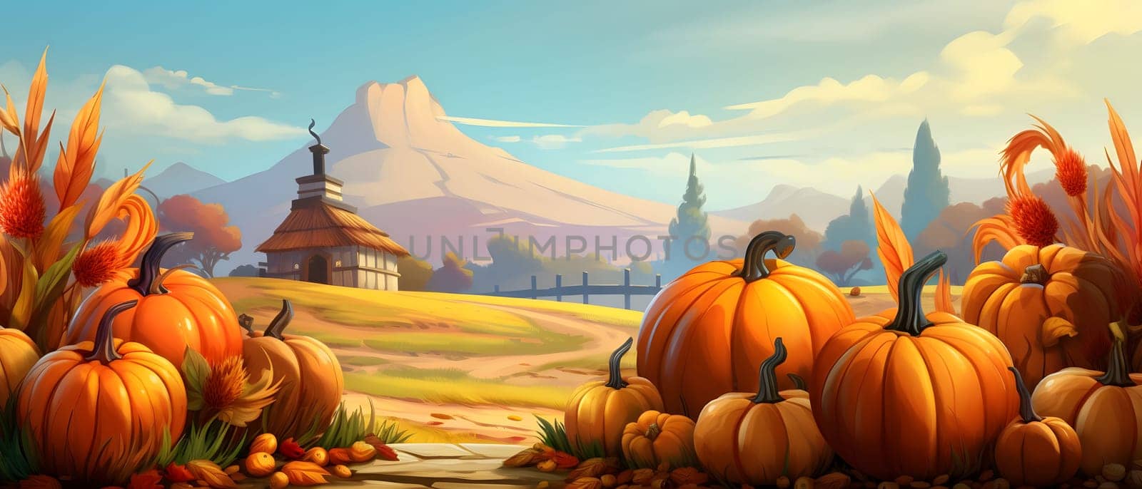 Illustration of pumpkins, leaves field and mountains in the background, banner with space for your own content. by ThemesS