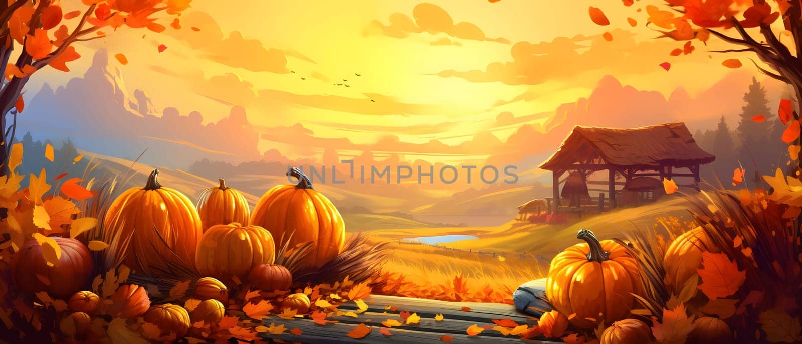 Illustration of corn cob pumpkins on wooden top, sunset and house in the background, banner with space for your own content. by ThemesS