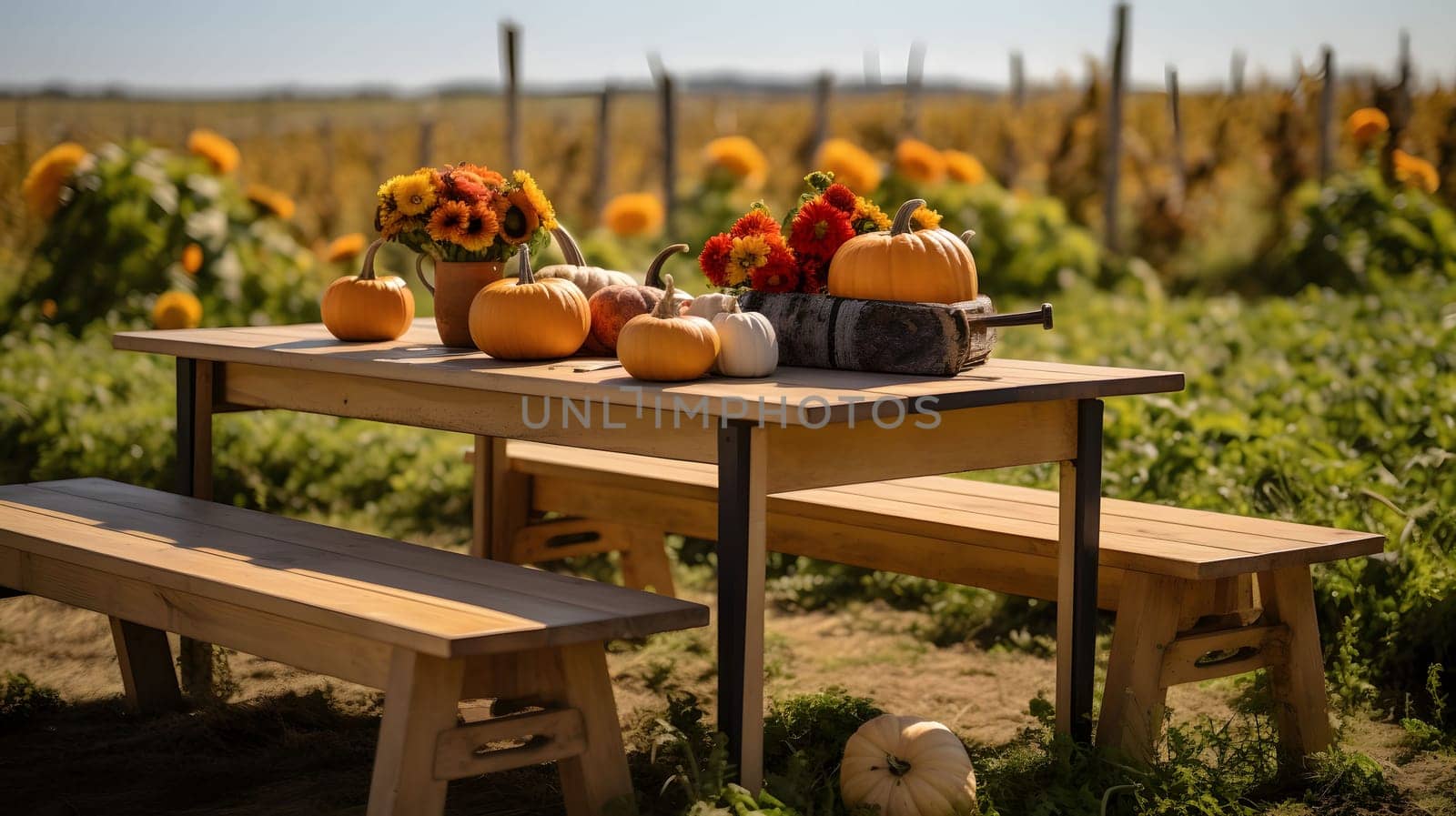 Photo of a wooden table with benches, and on it plates of pumpkins in the background field. Pumpkin as a dish of thanksgiving for the harvest. An atmosphere of joy and celebration.