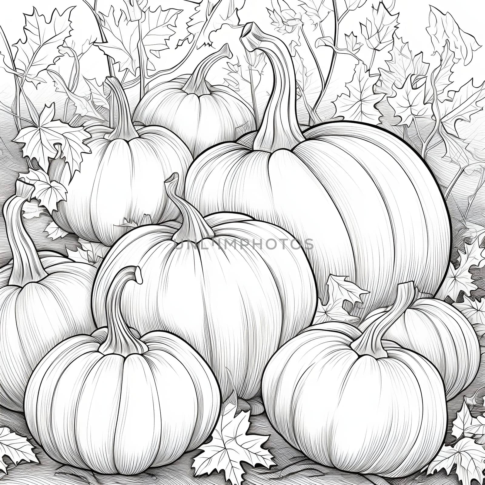 Black and white coloring book, pumpkins pile and leaves. Pumpkin as a dish of thanksgiving for the harvest, picture on a white isolated background. by ThemesS