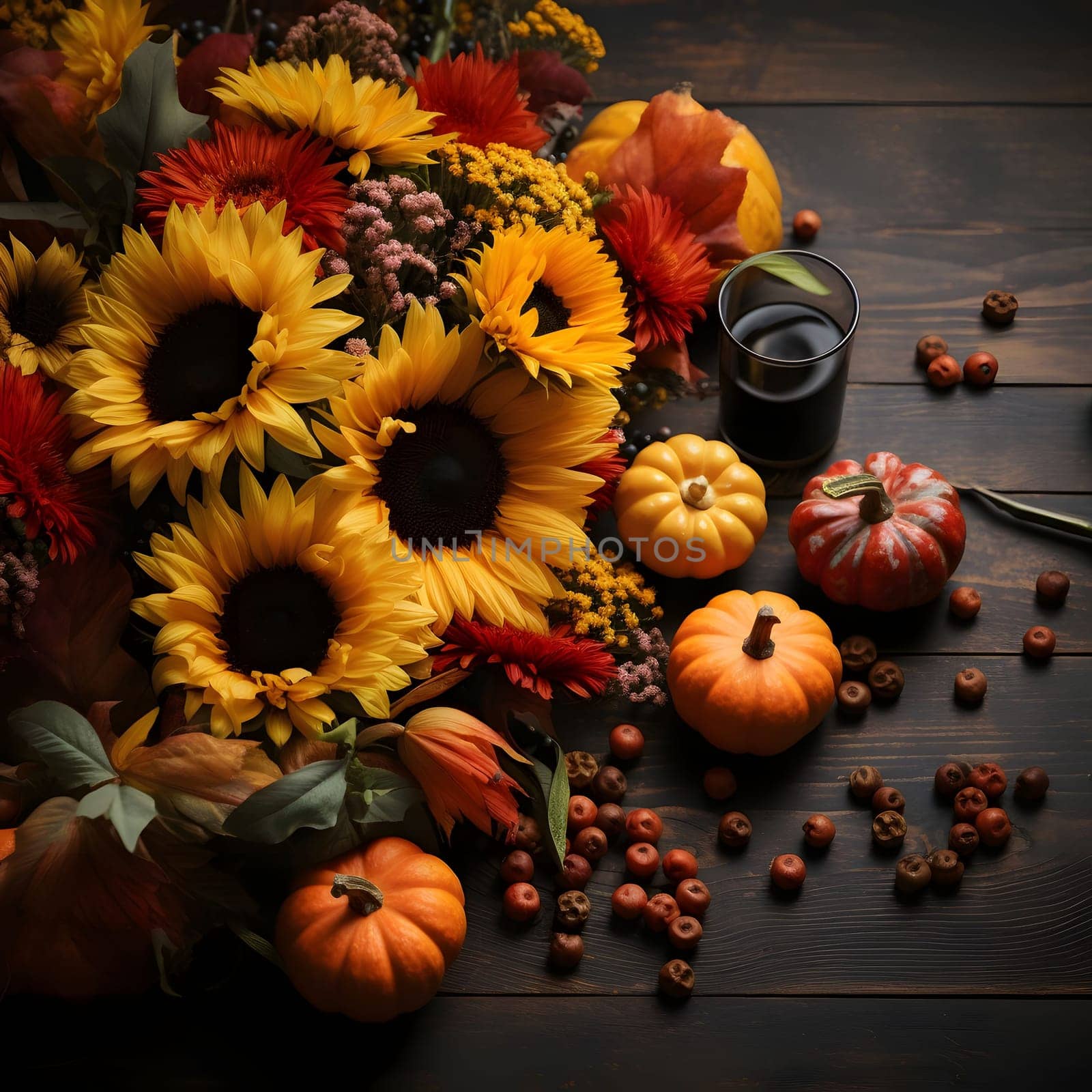 Sunflowers, pumpkins, rowan, vegetables. Harvest from the field on a dark board wooden background. Pumpkin as a dish of thanksgiving for the harvest. by ThemesS