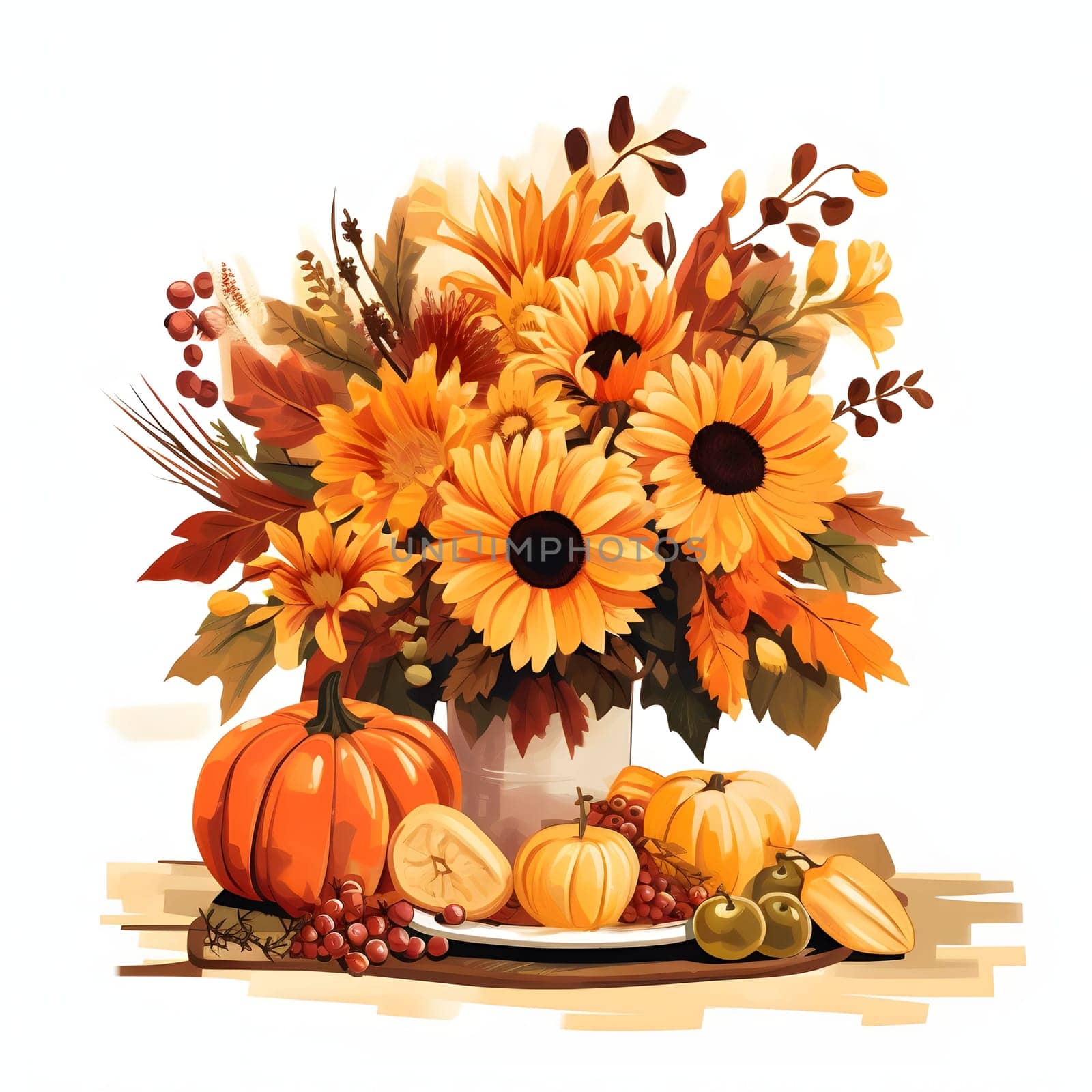 Painted bouquet of autumn flowers and harvest from the field. Pumpkin as a dish of thanksgiving for the harvest, picture on a white isolated background. by ThemesS