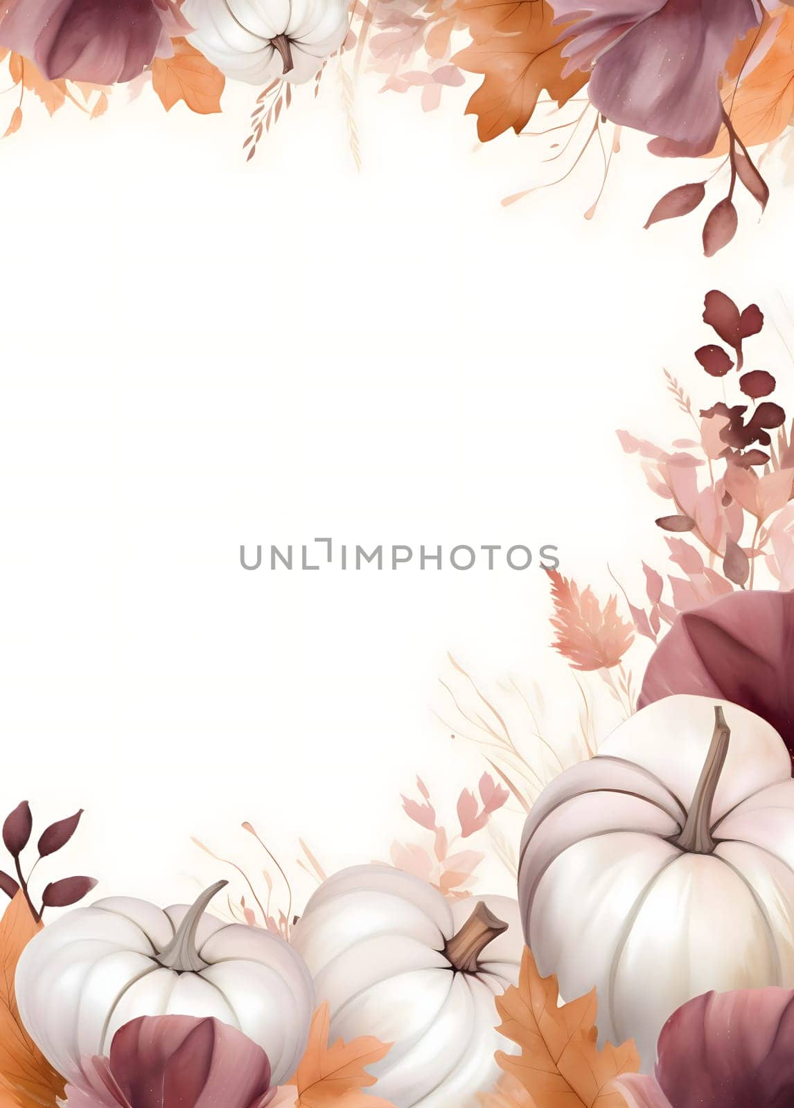 A frame embellished with pumpkins, flowers and leaves against a light background forms an elegant and visually appealing composition.