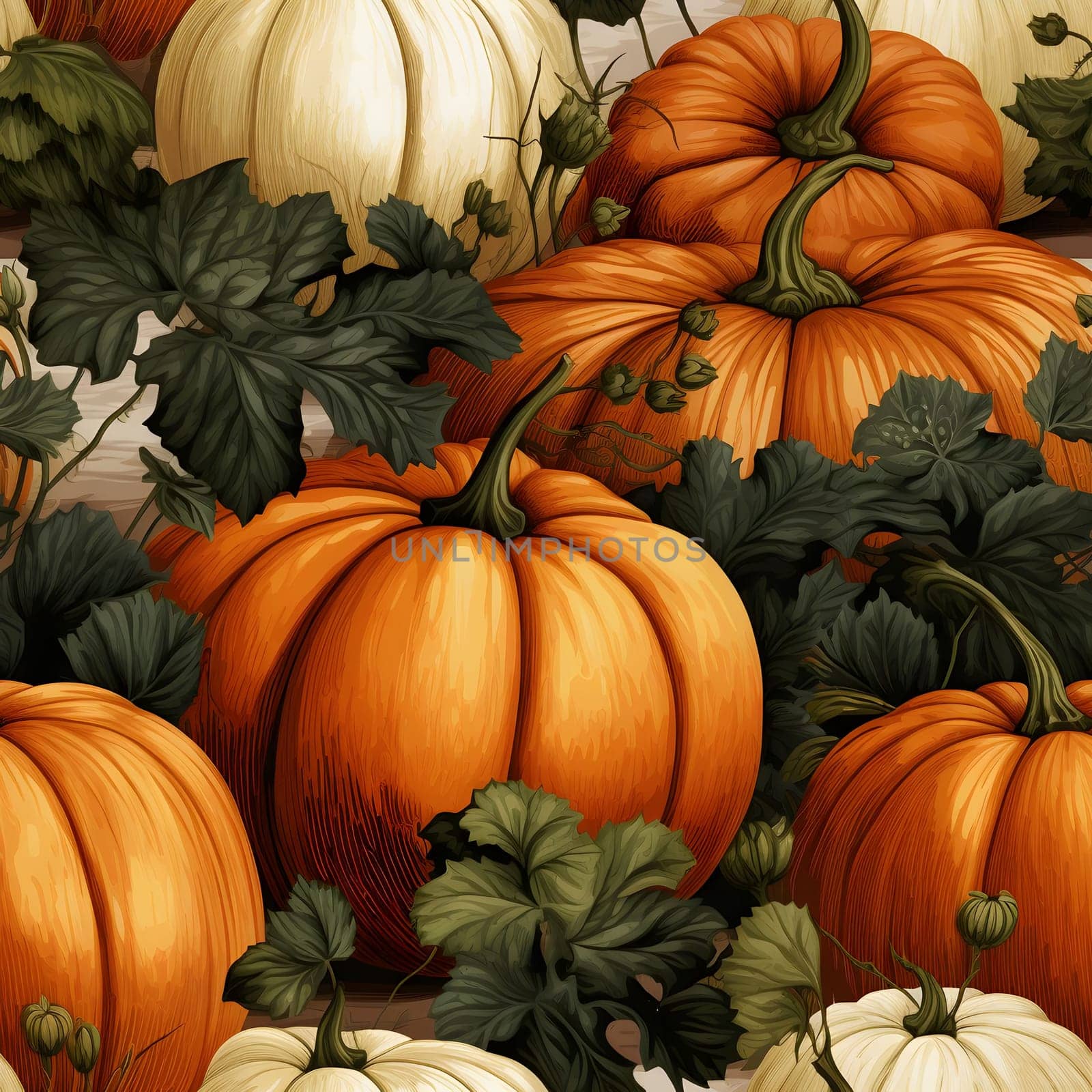 Background with Pumpkins and Green Leaves. Pumpkin as a dish of thanksgiving for the harvest, picture on a white isolated background. by ThemesS