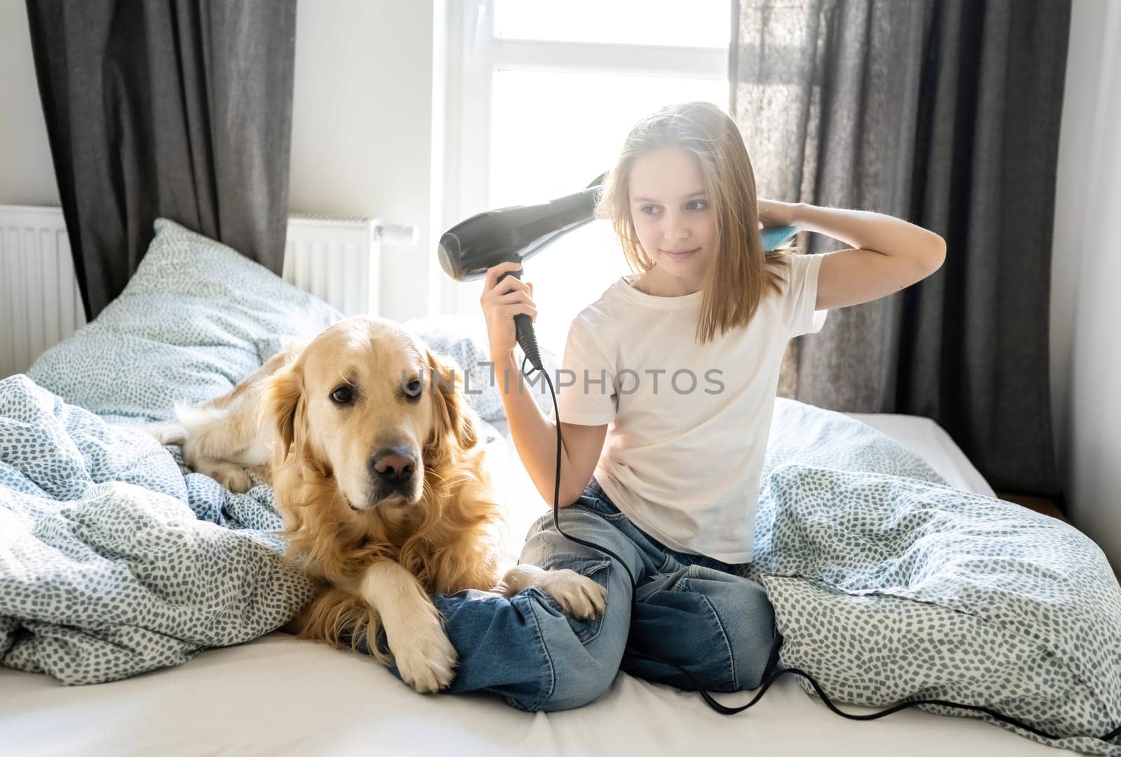 Happy Little Girl Drying Hair With A Hairdryer by GekaSkr