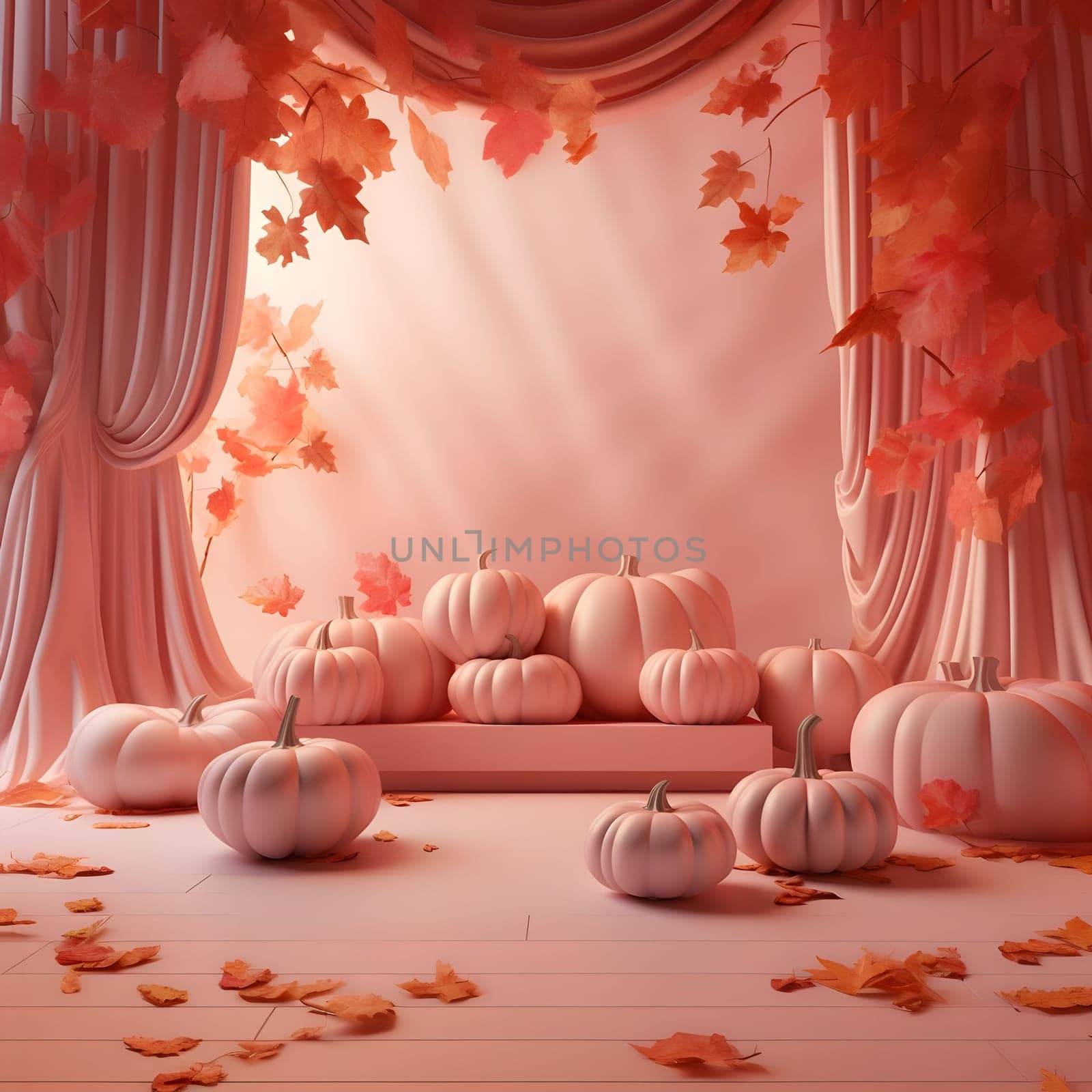 Elegant scenery with curtains, pumpkins and autumn leaves. Pumpkin as a dish of thanksgiving for the harvest. by ThemesS