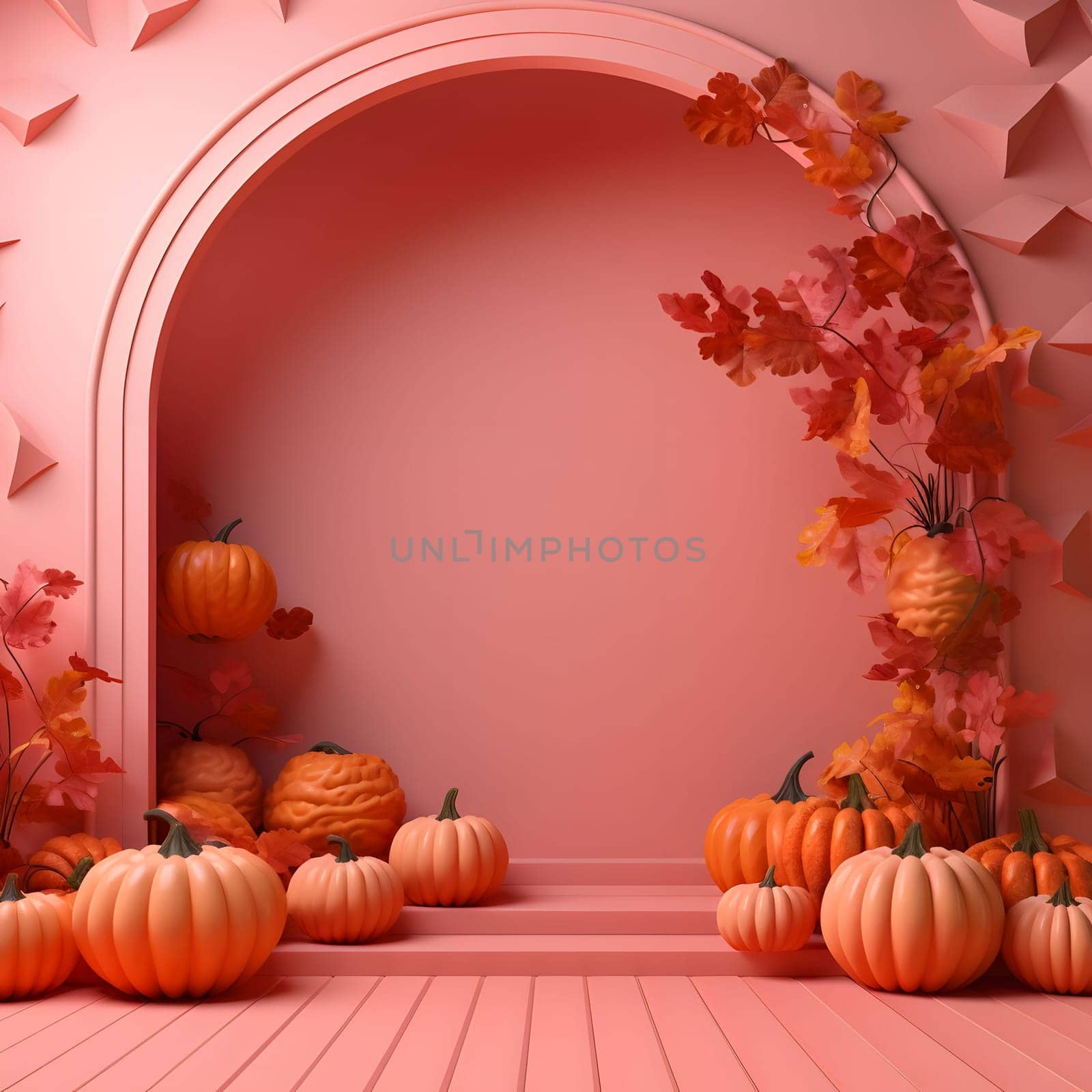 Elegant scenery with pumpkins and autumn leaves. Pink color. Pumpkin as a dish of thanksgiving for the harvest. An atmosphere of joy and celebration.