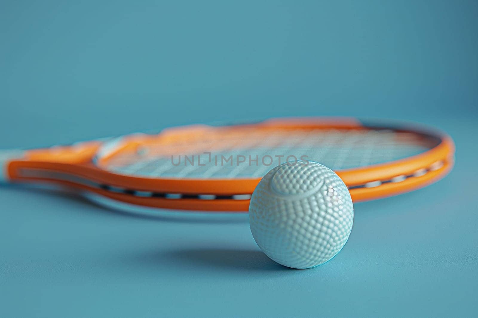 Racket and white tennis ball for table tennis on a blue background. Generated by artificial intelligence by Vovmar