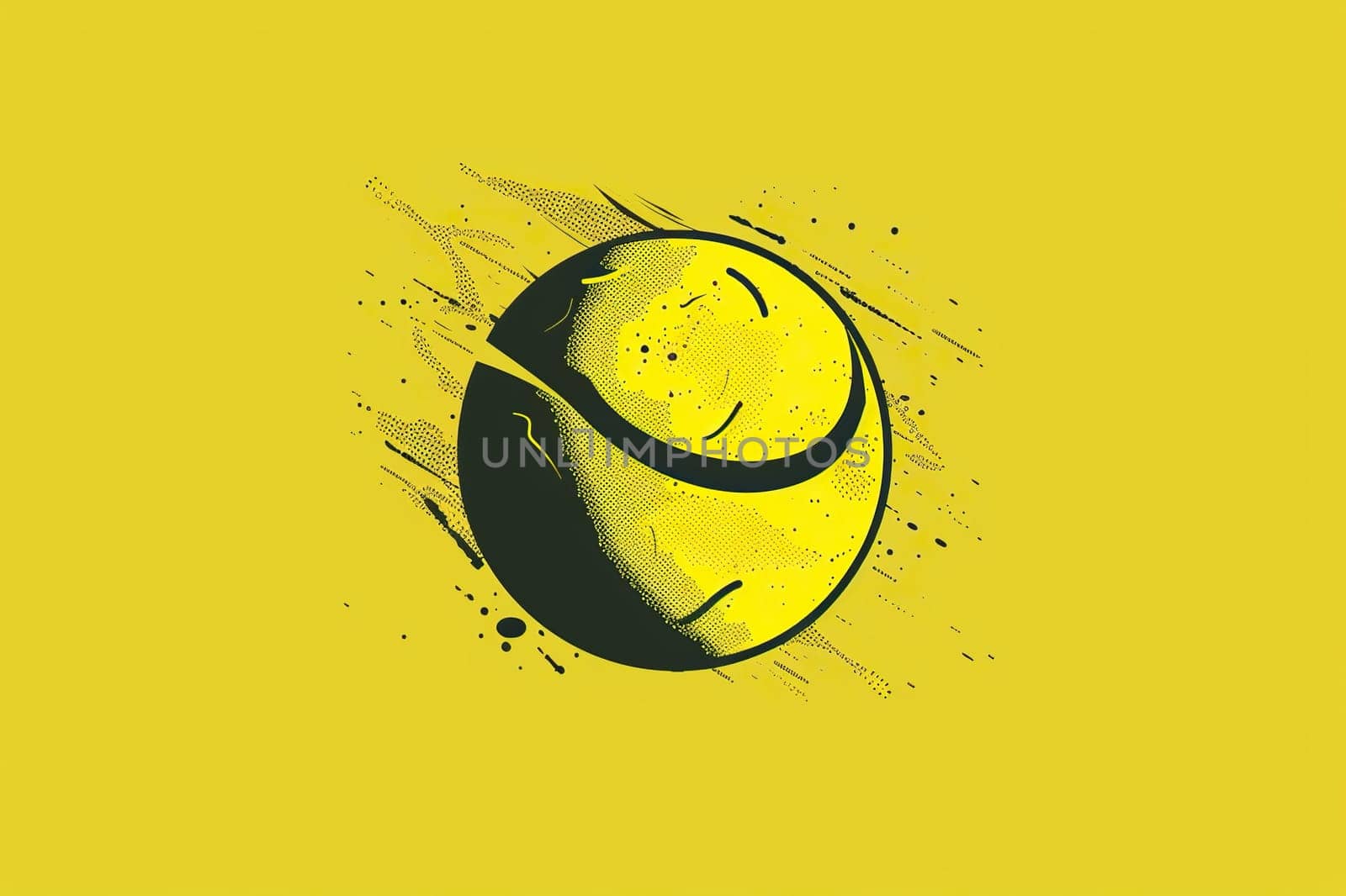 Tennis ball on a yellow background. Designer print for T-shirts, sweatshirts. Sports element for poster, banner, flyer.