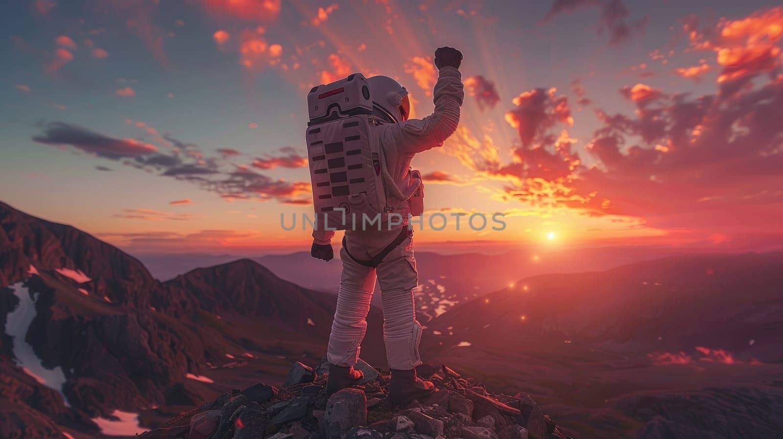 A person wearing a spacesuit walking up a mountain peak with Raise a fist