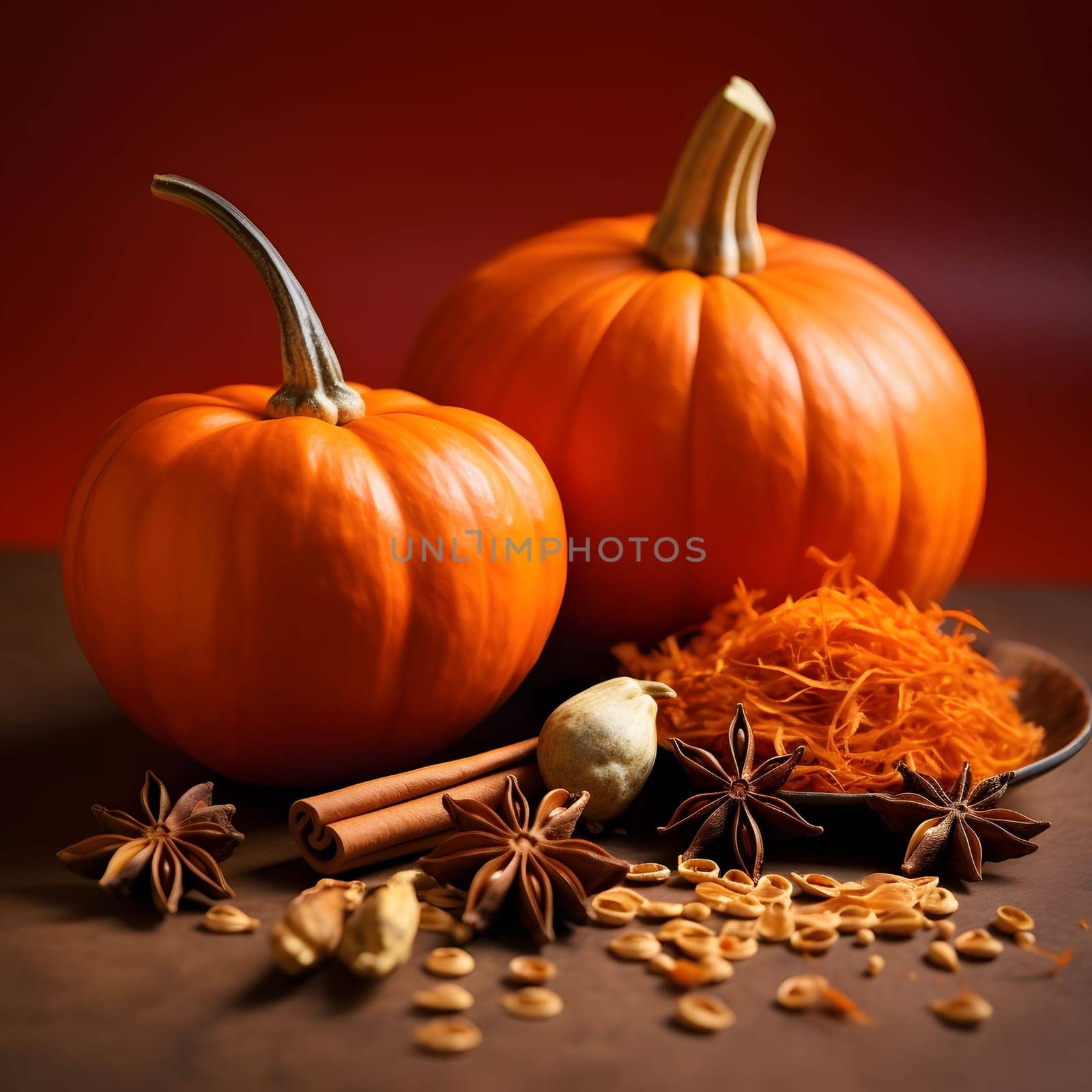 Elegantly arranged pumpkins. Around pumpkin scrapings on a dark background. Pumpkin as a dish of thanksgiving for the harvest. by ThemesS