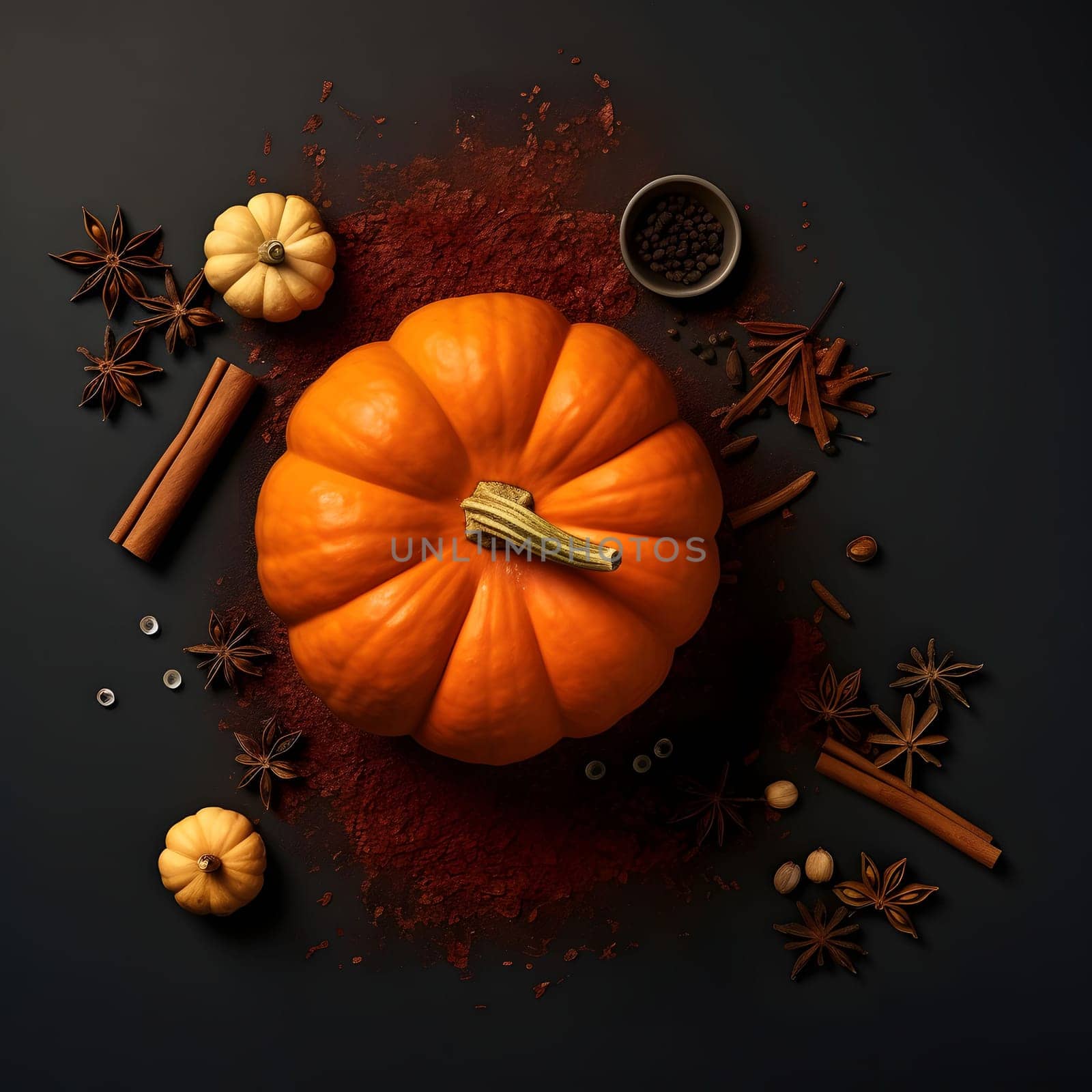 An aerial view of an orange pumpkin on a dark background, with spices all around. Pumpkin as a dish of thanksgiving for the harvest. by ThemesS