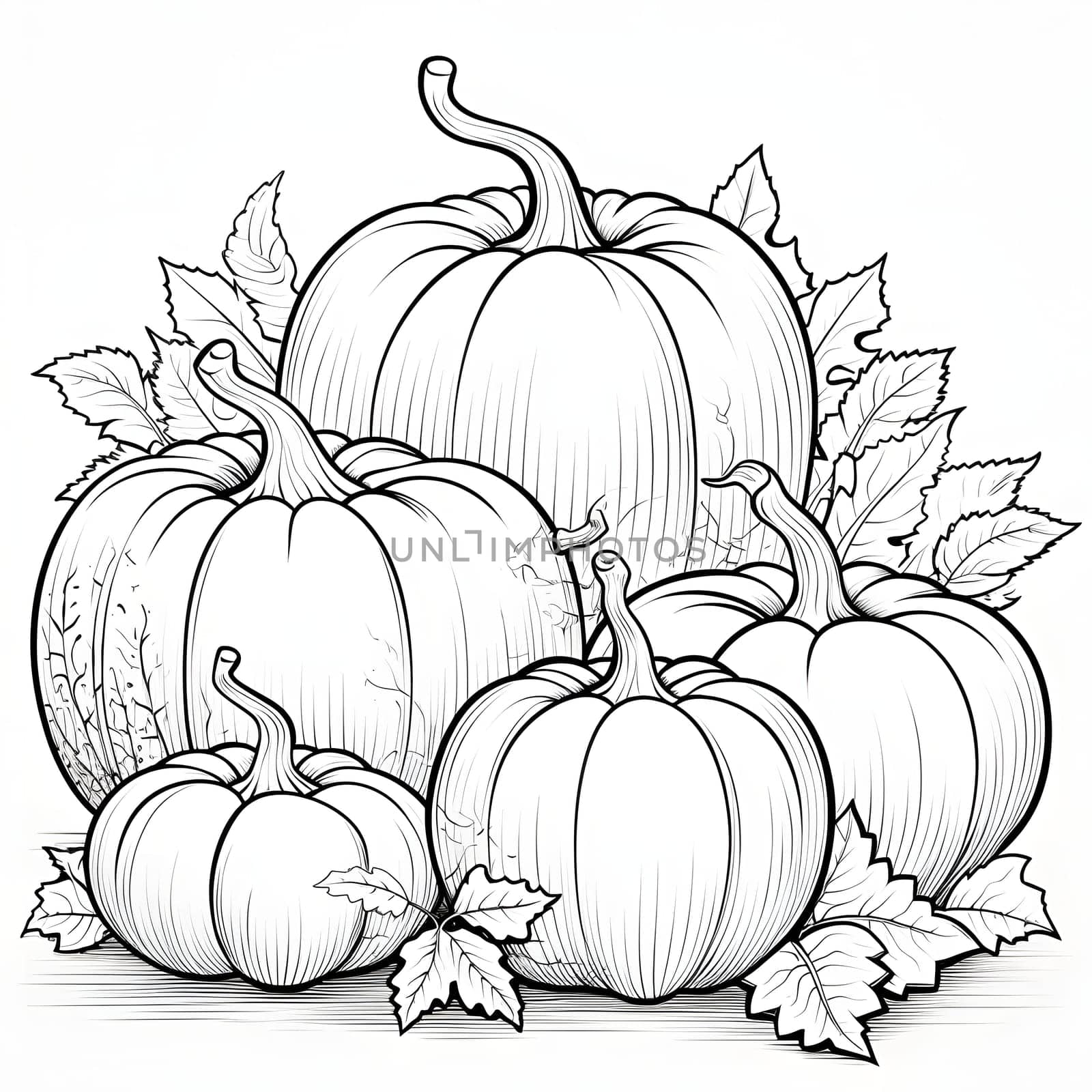 Black and white coloring book, pumpkin harvest and leaves. Pumpkin as a dish of thanksgiving for the harvest, picture on a white isolated background. Atmosphere of joy and celebration.
