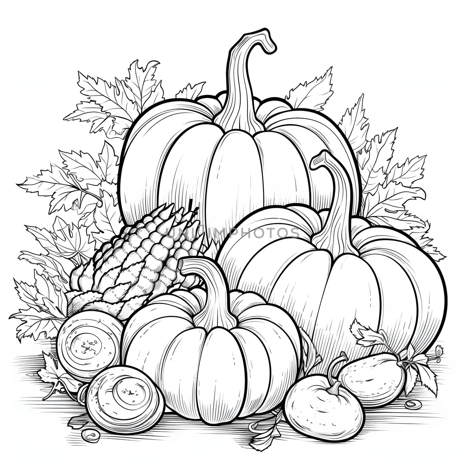 Black and White coloring book, harvest from the field of pumpkins, corn, leaves. Pumpkin as a dish of thanksgiving for the harvest, picture on a white isolated background. Atmosphere of joy and celebration.