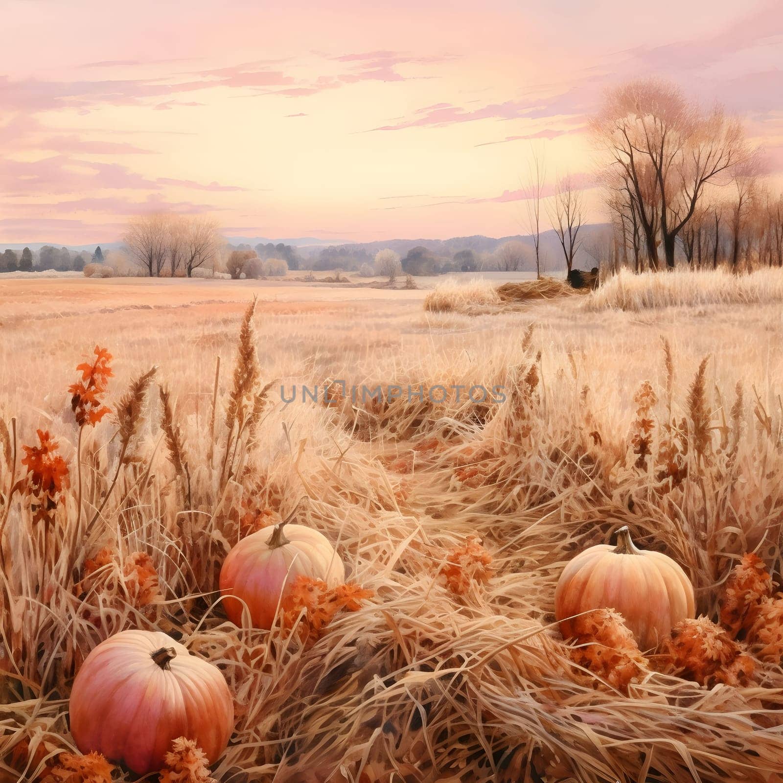 Grain field in autumn after harvest. Pumpkin as a dish of thanksgiving for the harvest. The atmosphere of joy and celebration.