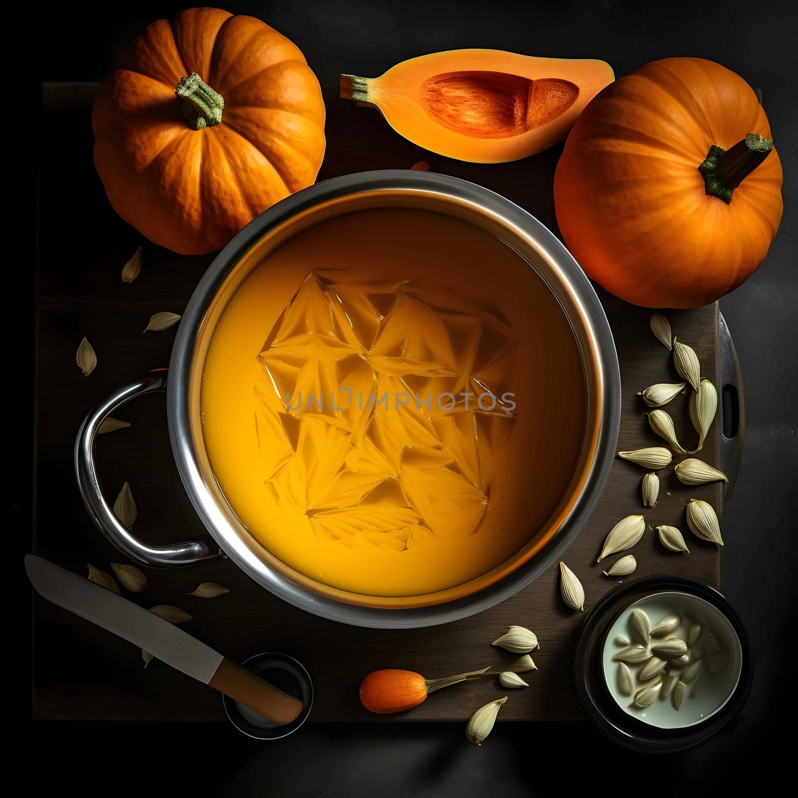 Top view of pumpkin soup around pumpkin seeds. Pumpkin as a dish of thanksgiving for the harvest. The atmosphere of joy and celebration.