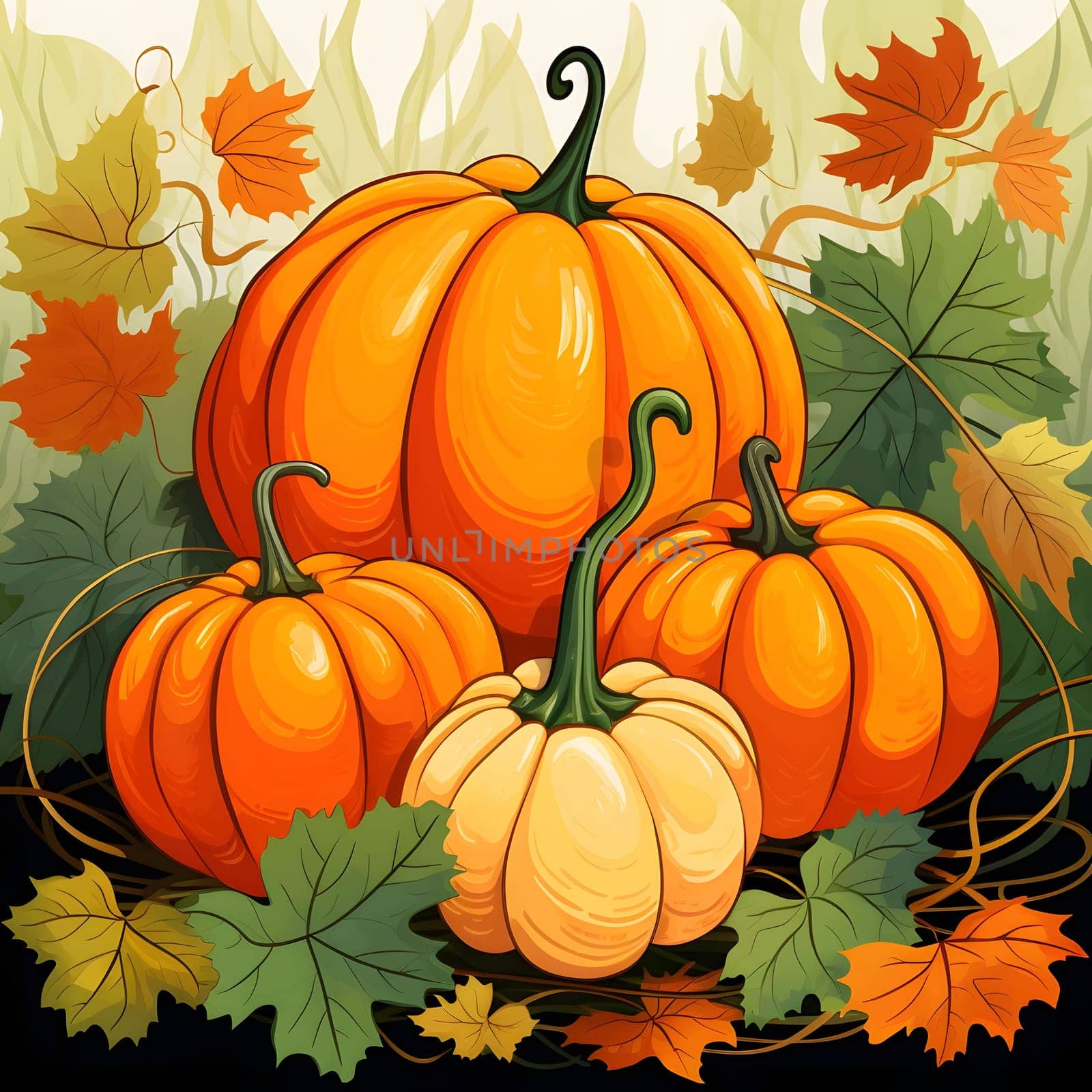 Four orange pumpkins, around leaves autumn illustration. Pumpkin as a dish of thanksgiving for the harvest. The atmosphere of joy and celebration.