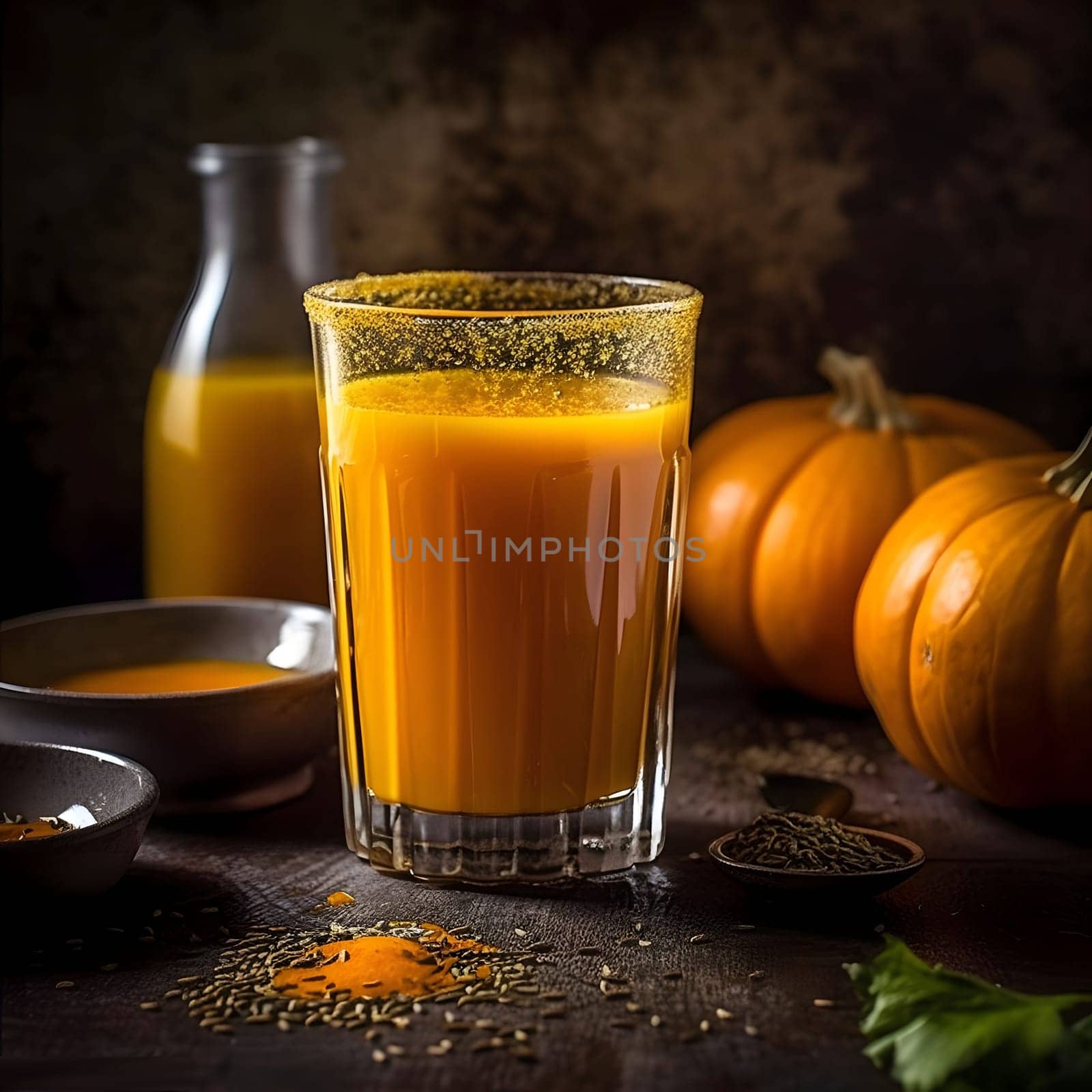 Pumpkin juice in a glass and pumpkin on a dark background. Pumpkin as a dish of thanksgiving for the harvest. An atmosphere of joy and celebration.