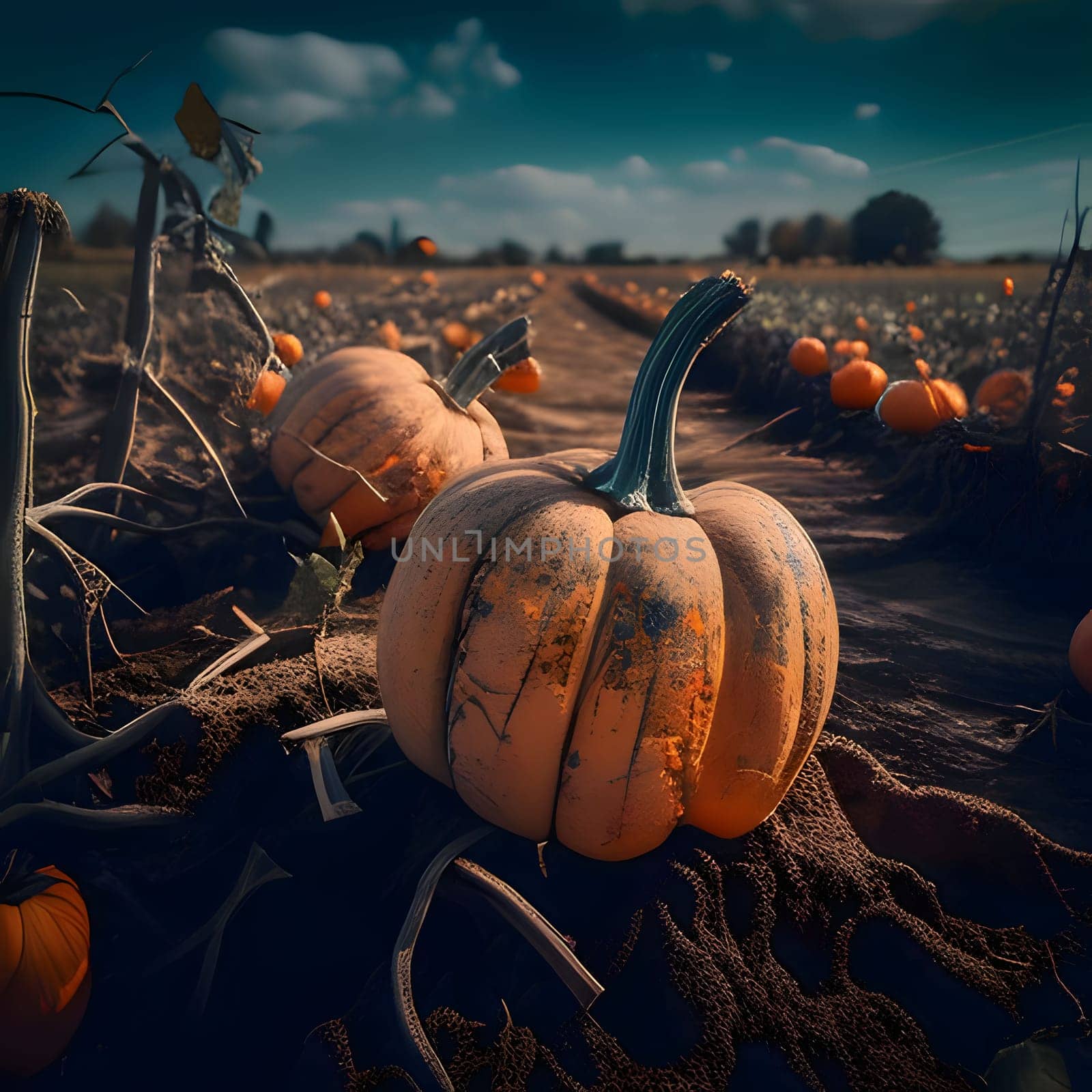 Pumpkin field and picked pumpkins left in the field. Pumpkin as a dish of thanksgiving for the harvest. by ThemesS