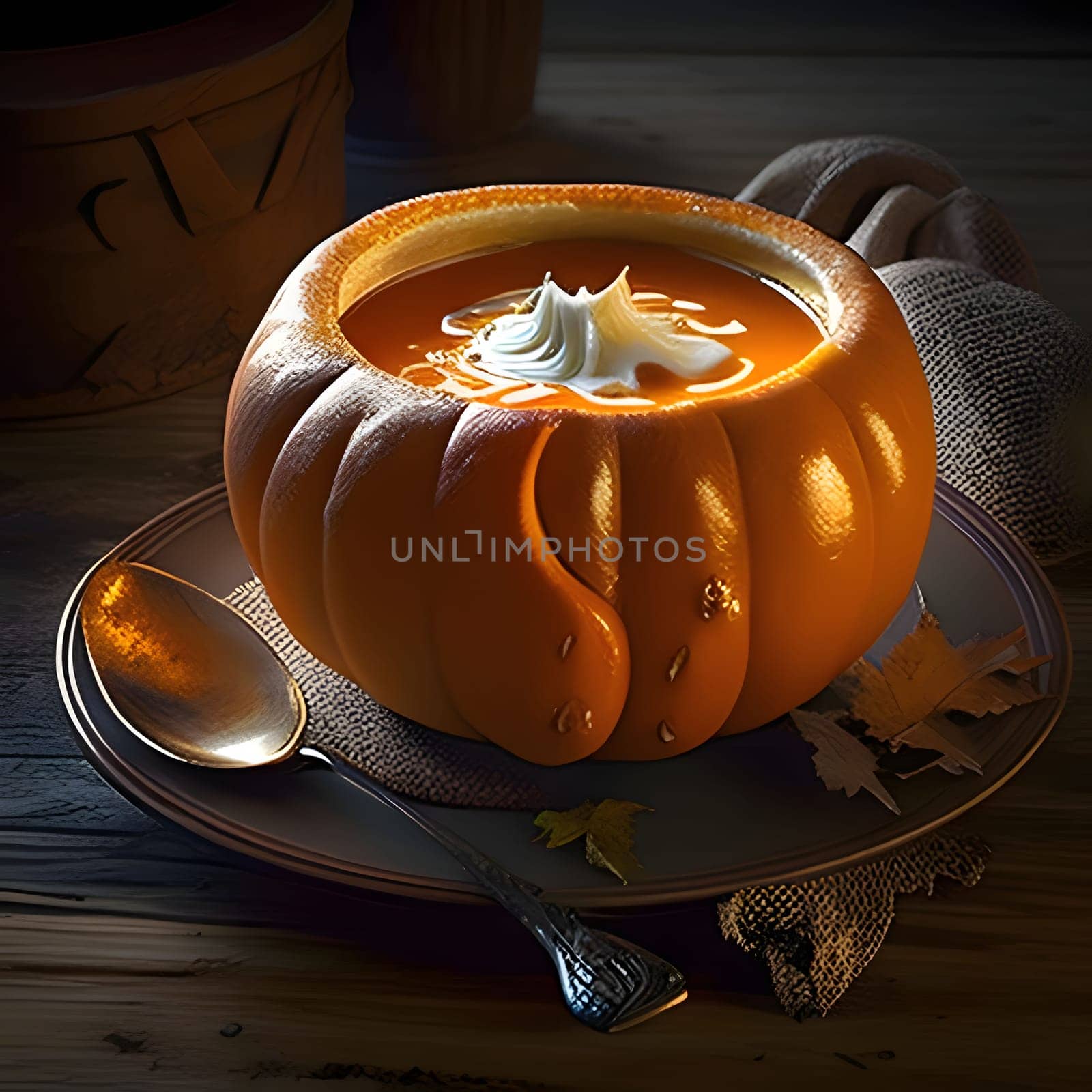 Pumpkin soup with cream in a pumpkin bowl on a plate. Pumpkin as a dish of thanksgiving for the harvest. by ThemesS