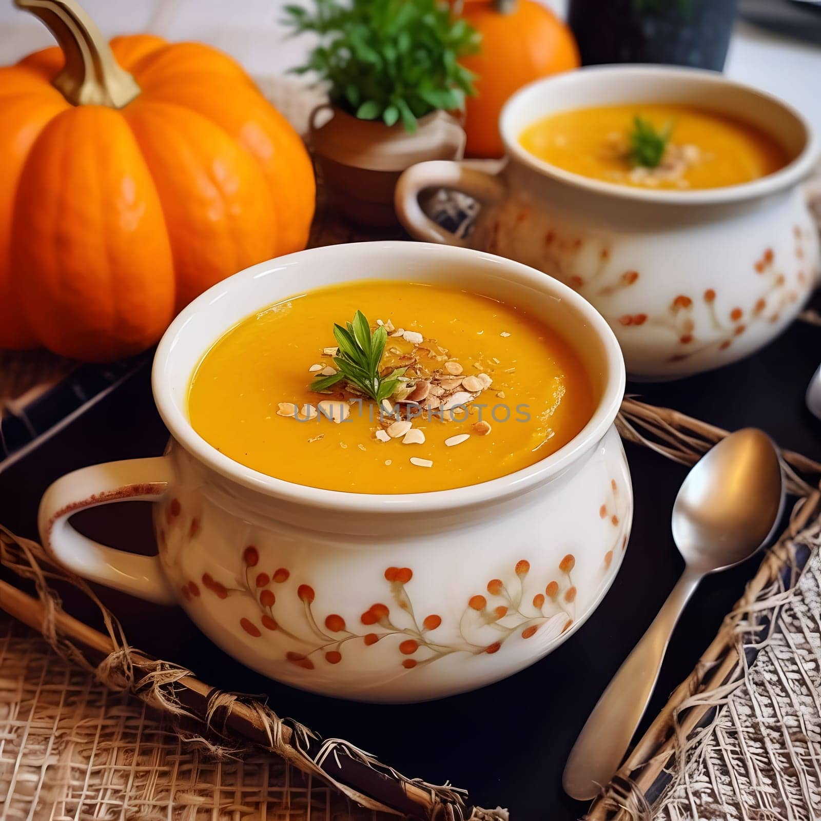 Pumpkin soup in a ceramic decorated bowl with an ear. Pumpkin as a dish of thanksgiving for the harvest. by ThemesS