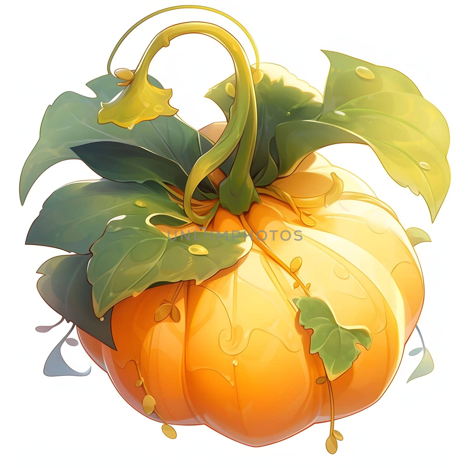 Fairy tale illustration of a pumpkin with leaves on a white background. Pumpkin as a dish of thanksgiving for the harvest. An atmosphere of joy and celebration.