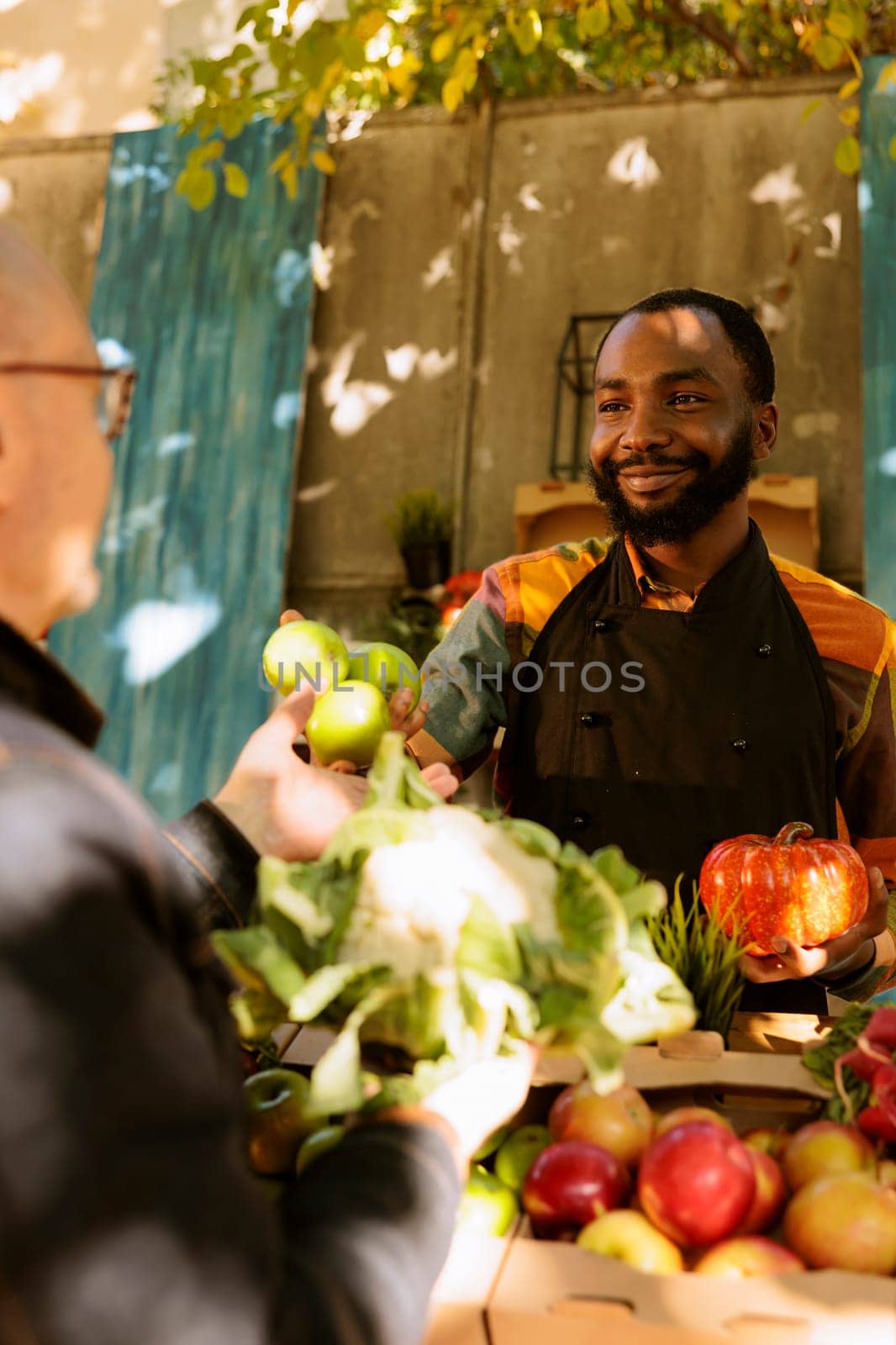 Cheerful farmer presenting locally grown apples on farmers market stand, small business organic products. African american man talking to senior customer, various fresh fruits and veggies.