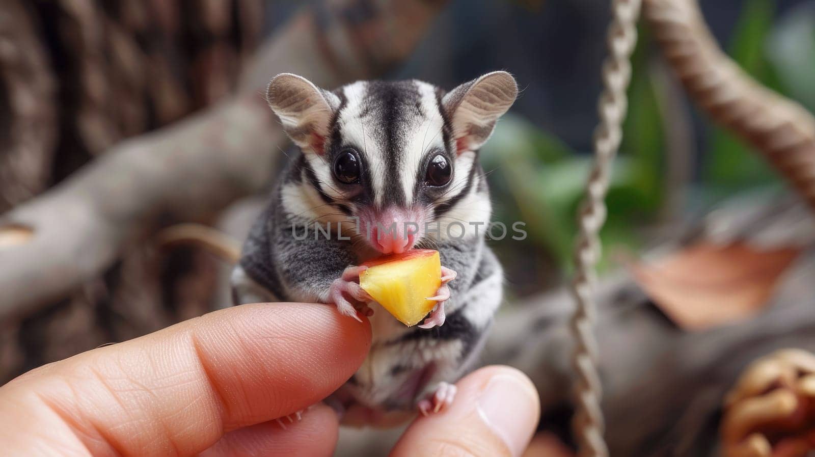 A close-up shot of a sugar glider perched on a finger, its tiny hands gripping a piece of fruit