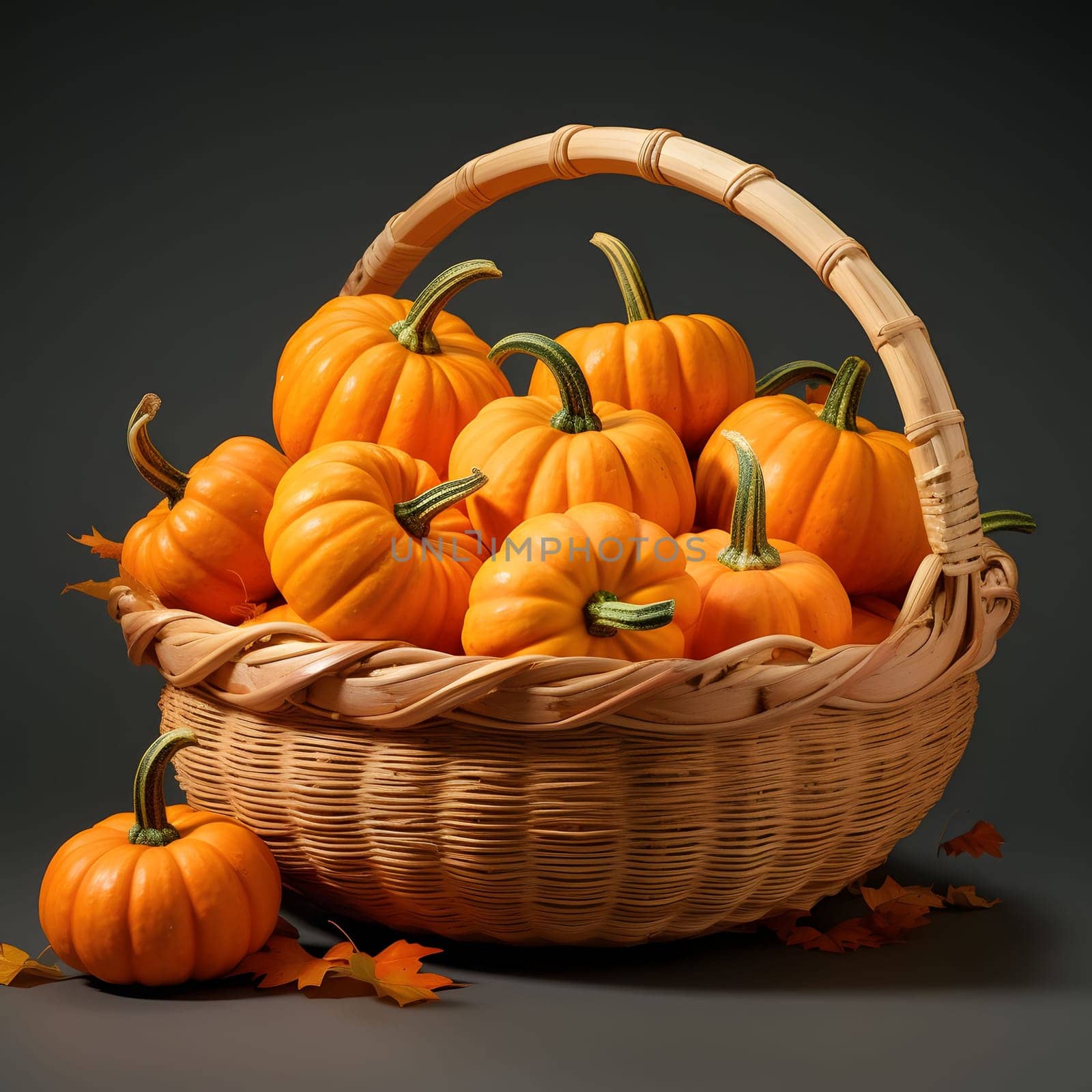 Wicker basket with small pumpkins on a dark background. Pumpkin as a dish of thanksgiving for the harvest. The atmosphere of joy and celebration.