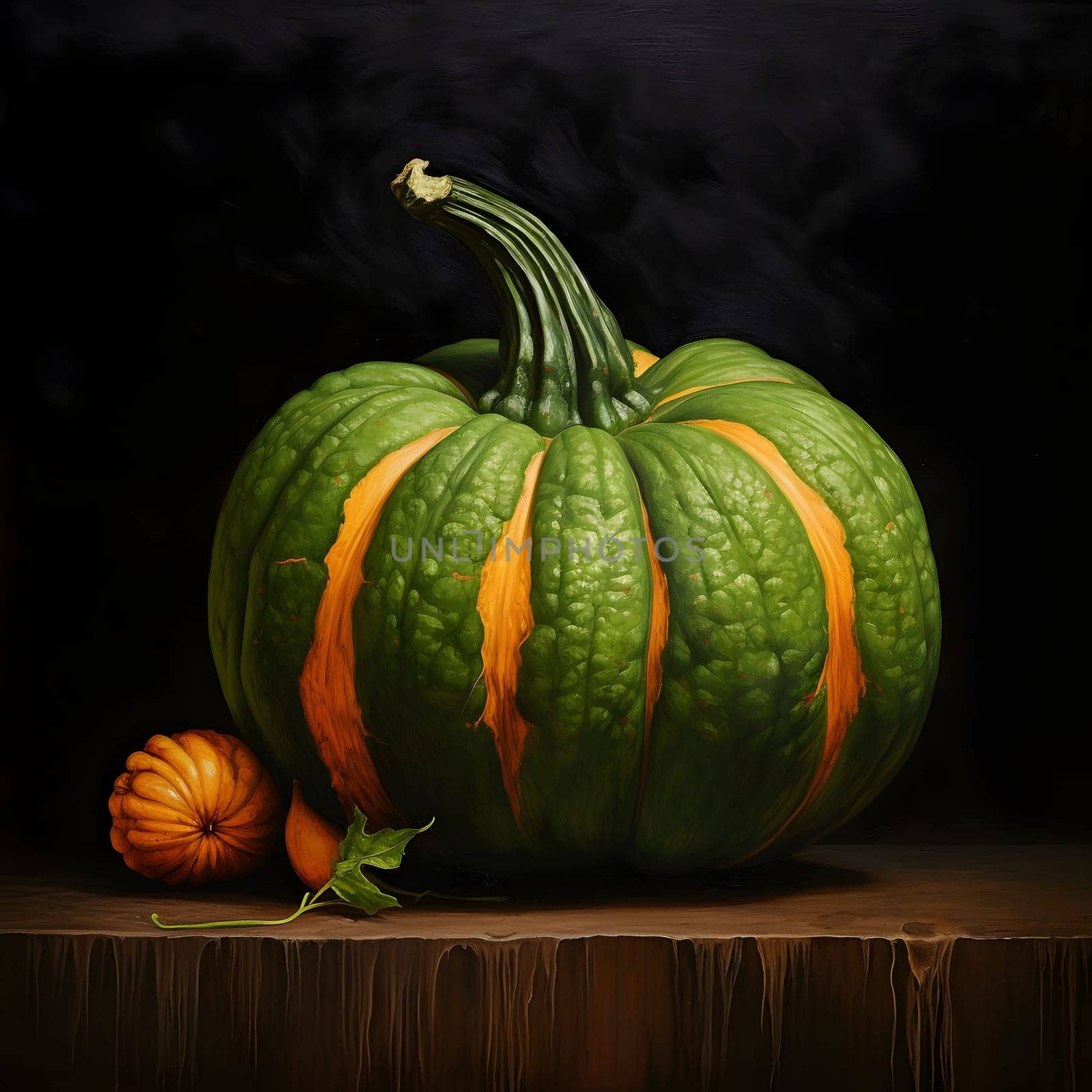 Green pumpkin on a wooden table top, black background. Pumpkin as a dish of thanksgiving for the harvest. The atmosphere of joy and celebration.