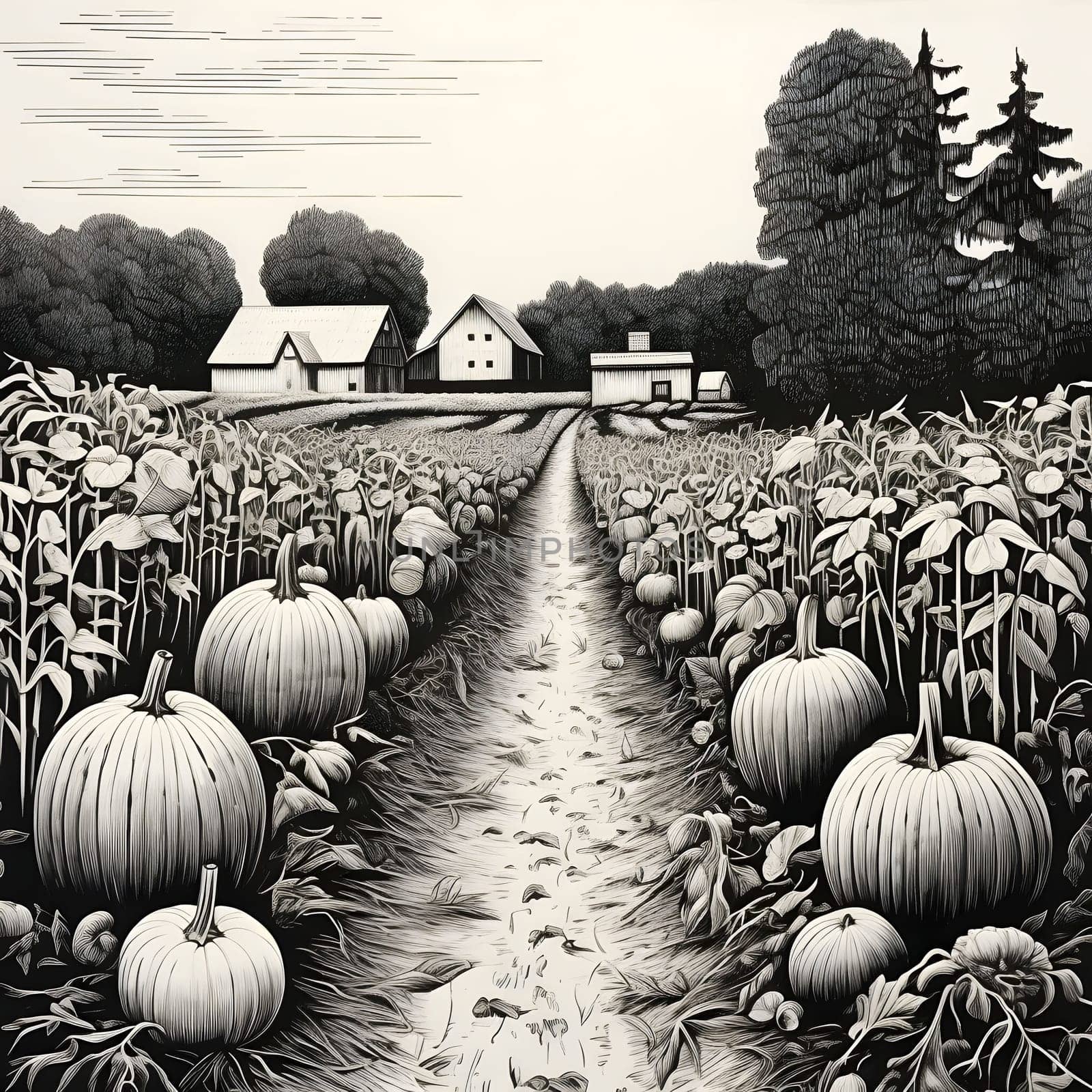 pumpkin field, shriveled trees and farm. Pumpkin as a dish of thanksgiving for the harvest. by ThemesS