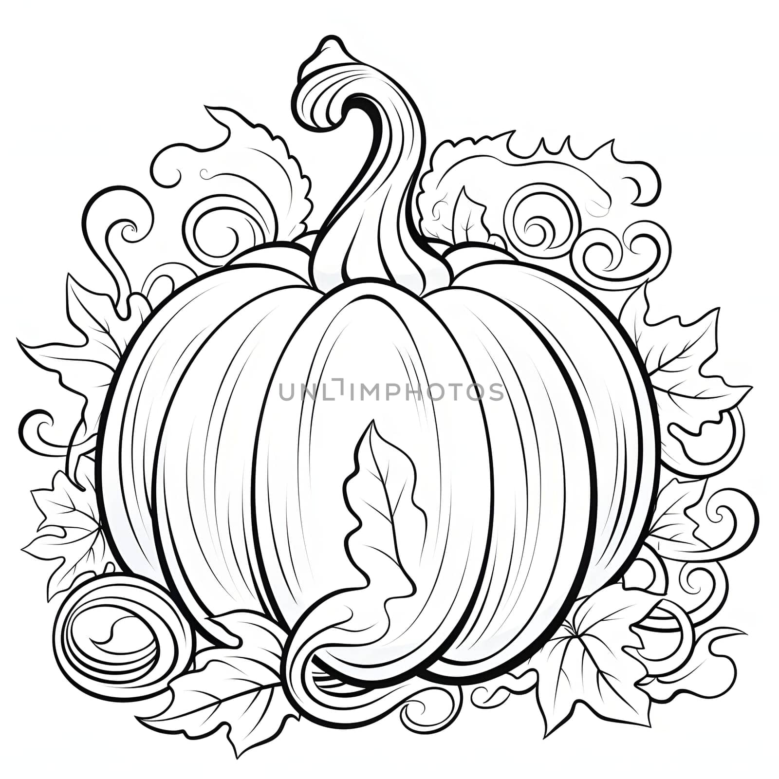 Pumpkin with tiny leaves. Pumpkin as a dish of thanksgiving for the harvest, picture on a white isolated background. Atmosphere of joy and celebration.