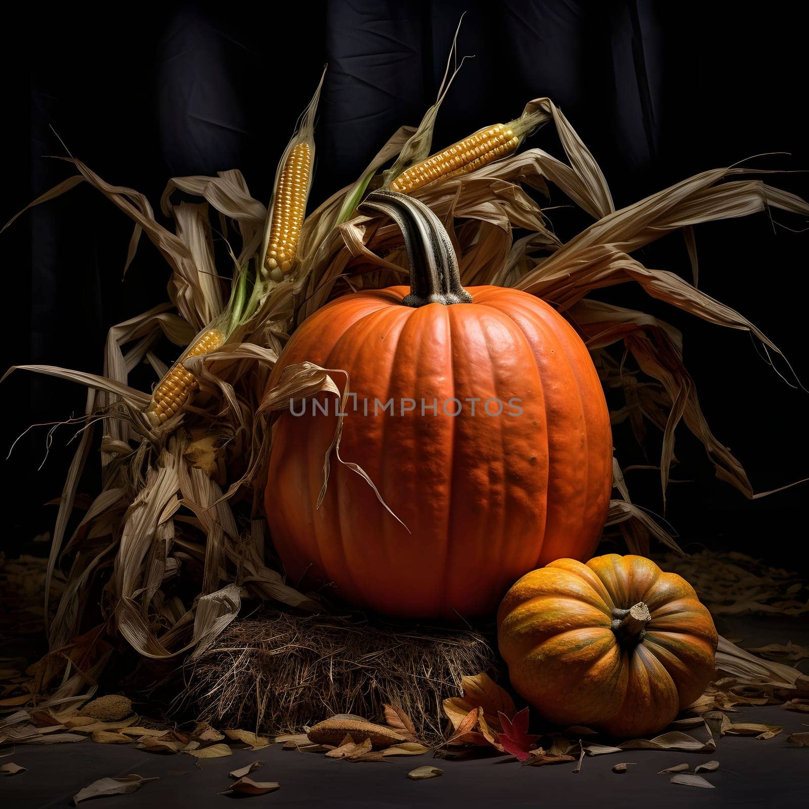 Two pumpkins and dry corn cobs with leaves. Dark background. Pumpkin as a dish of thanksgiving for the harvest. by ThemesS