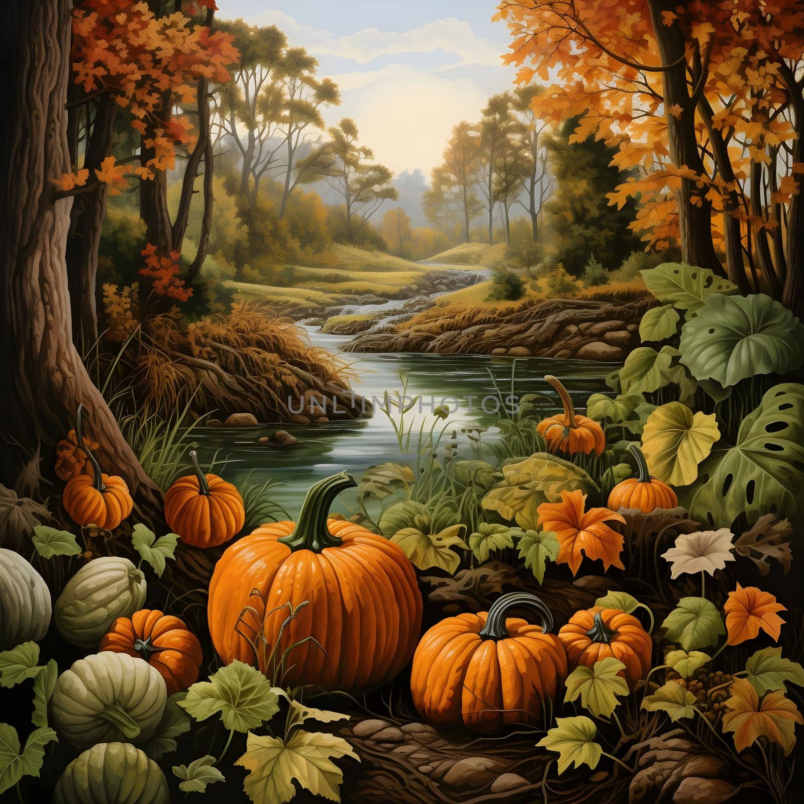 Illustration, leaves, colorful pumpkins, stream flowing in the forest, autumn. Pumpkin as a dish of thanksgiving for the harvest. An atmosphere of joy and celebration.