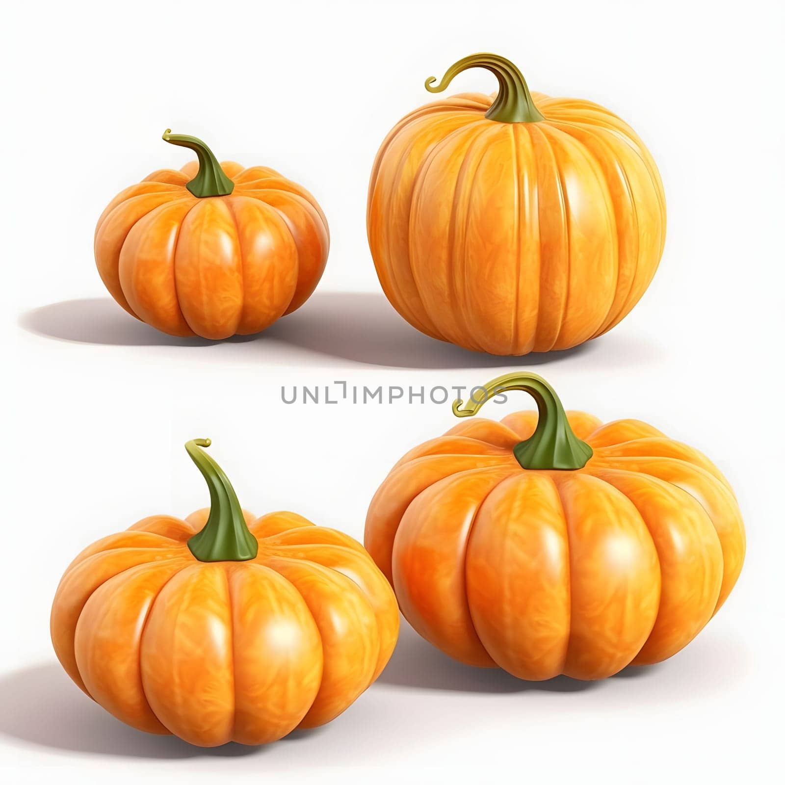 Four pumpkins. Pumpkin as a dish of thanksgiving for the harvest, picture on a white isolated background. Atmosphere of joy and celebration.
