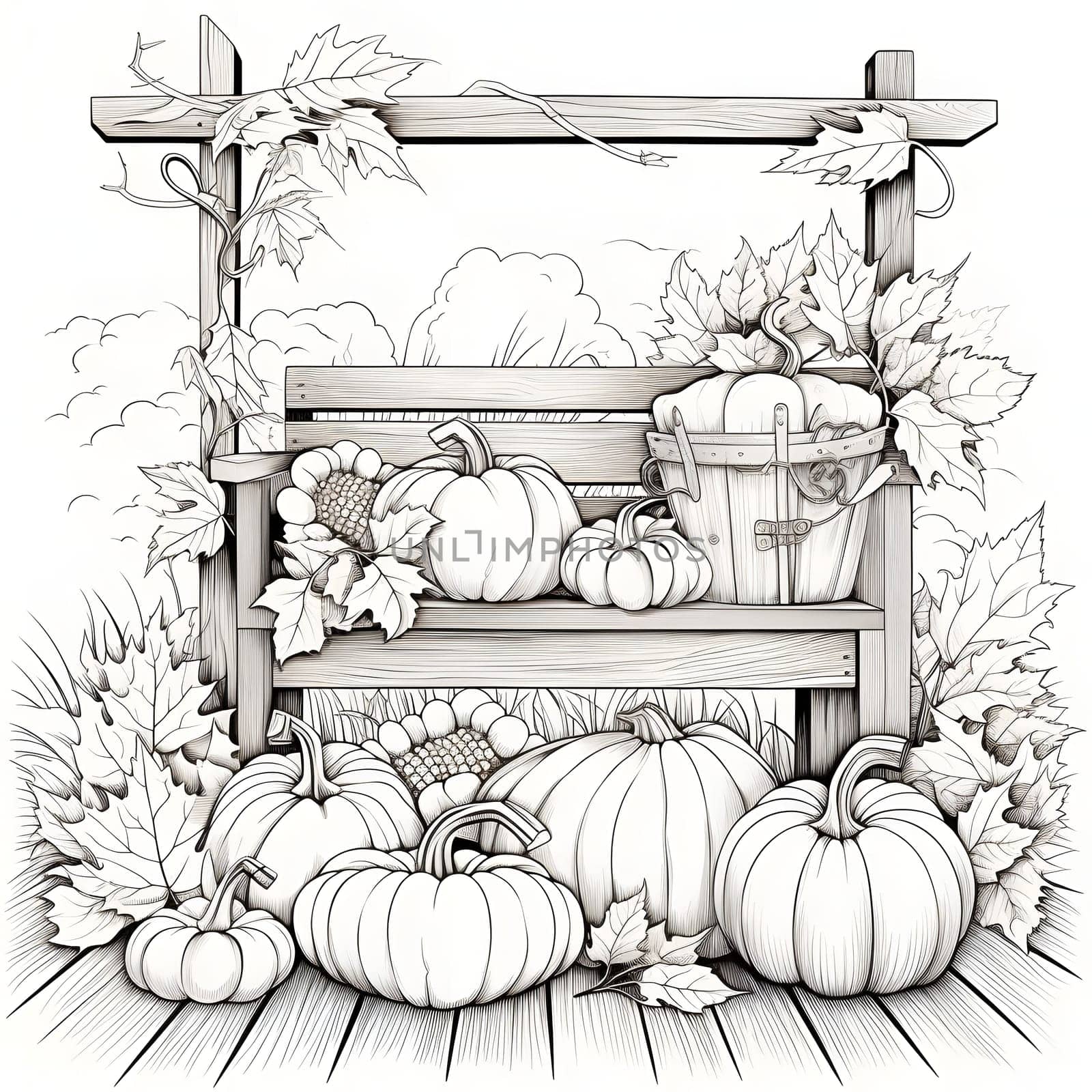 Black and White coloring book, wooden bench, pumpkin leaves bucket around. Pumpkin as a dish of thanksgiving for the harvest, picture on a white isolated background. Atmosphere of joy and celebration.