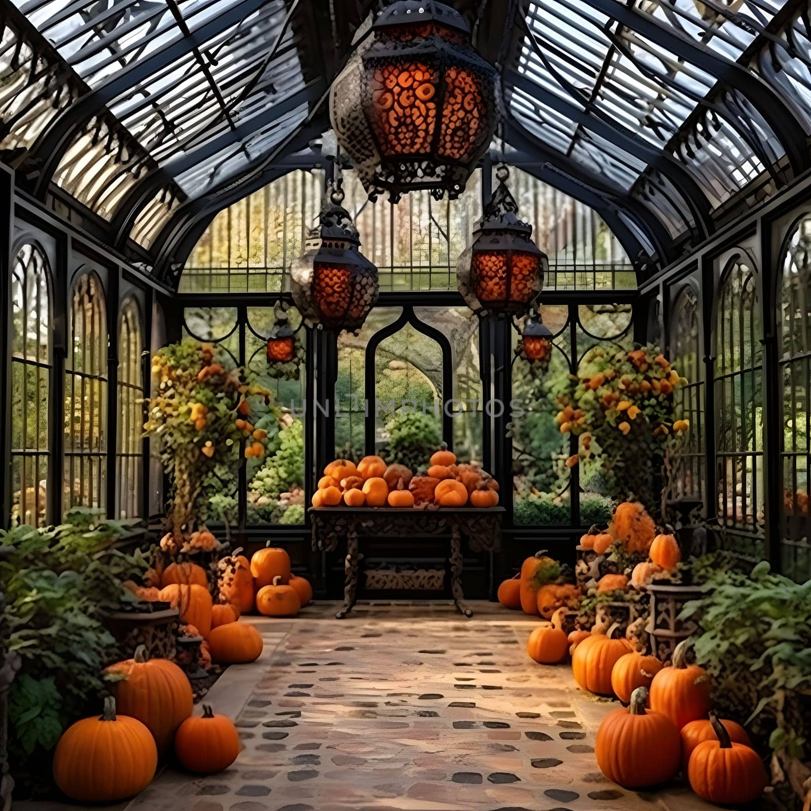 An elegant greenhouse filled with pumpkins. Pumpkin as a dish of thanksgiving for the harvest. The atmosphere of joy and celebration.