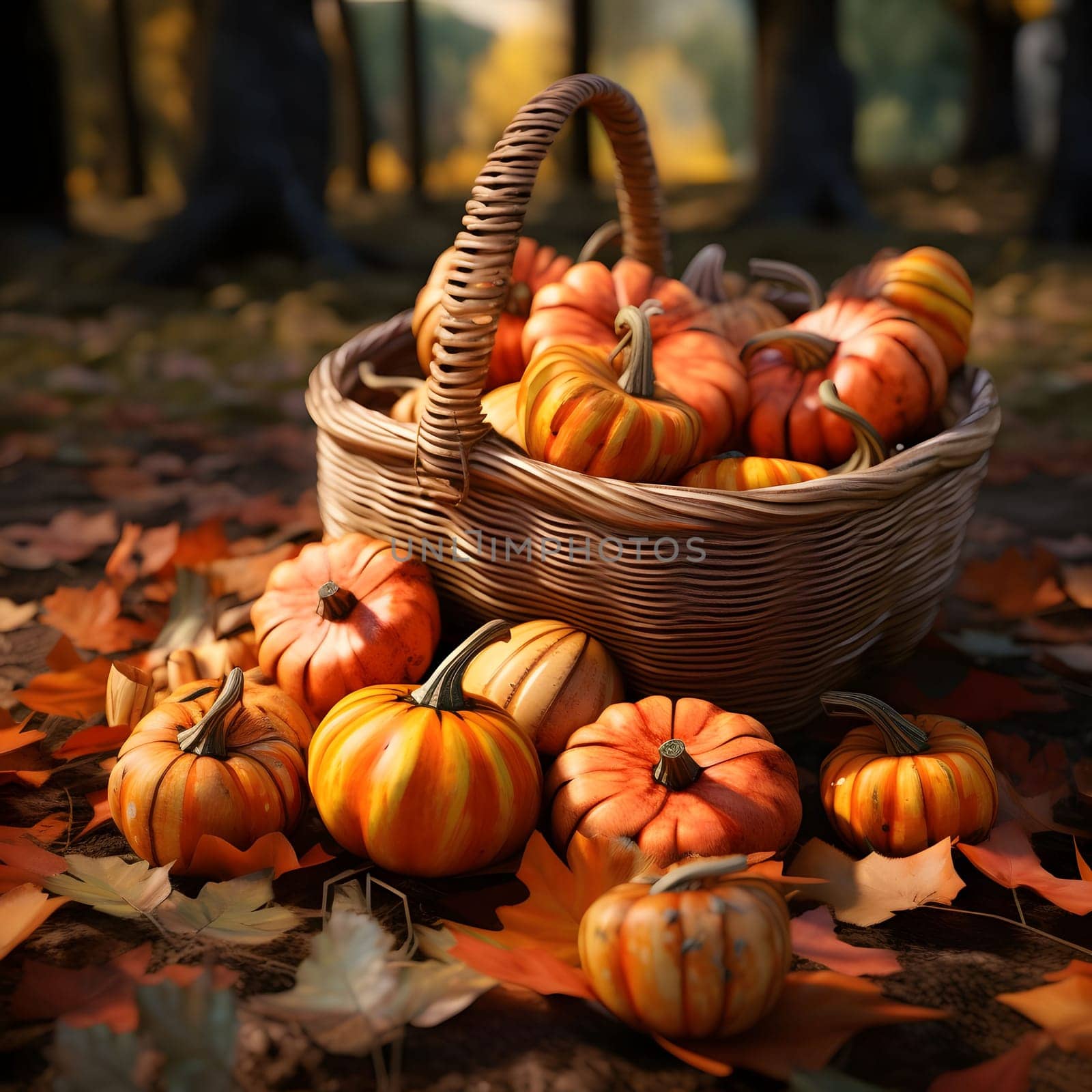 Wicker basket full of colorful small pumpkins in the forest around the leaves. Pumpkin as a dish of thanksgiving for the harvest. The atmosphere of joy and celebration.
