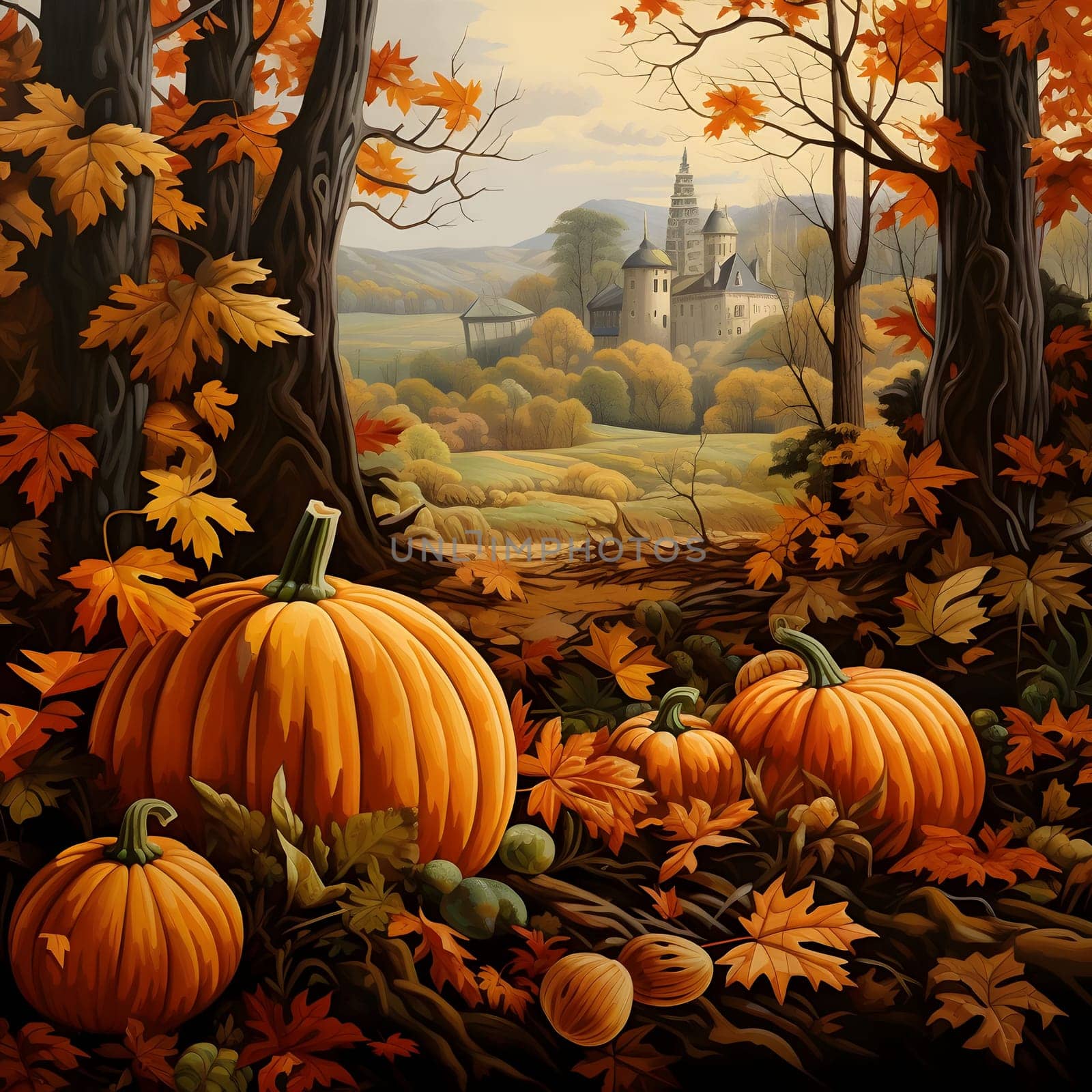 Illustration of pumpkins in the forest around the leaves. Pumpkin as a dish of thanksgiving for the harvest. The atmosphere of joy and celebration.